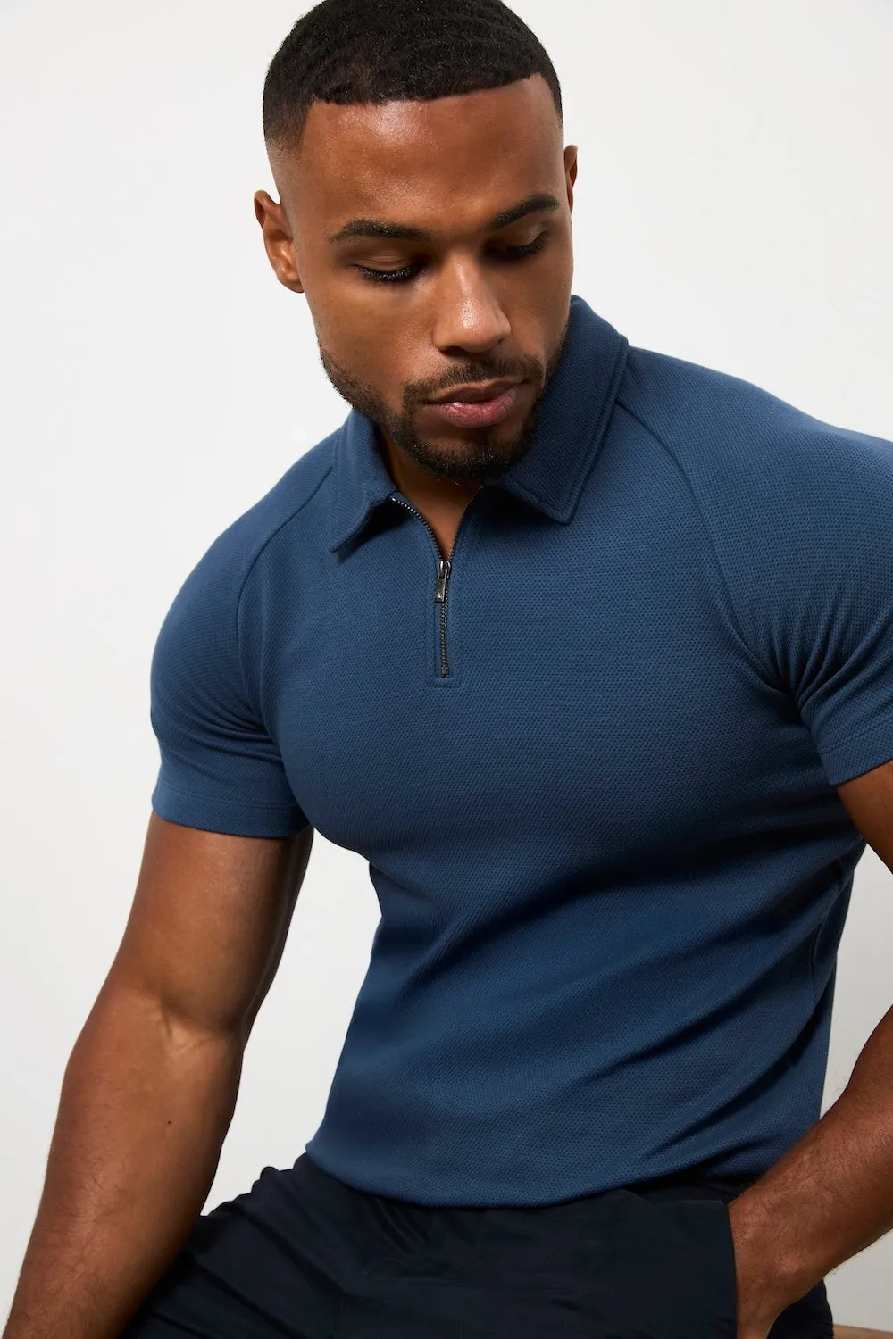 Streetwear Edge Unstructured Hem Zip Neck Polo Shirt in Teal