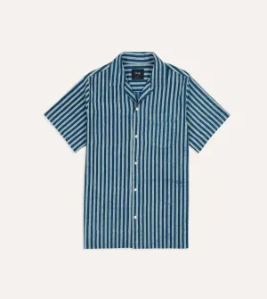 Hidden Placket Indigo Stripe Block Print Cotton Camp Collar Short Sleeve Shirt