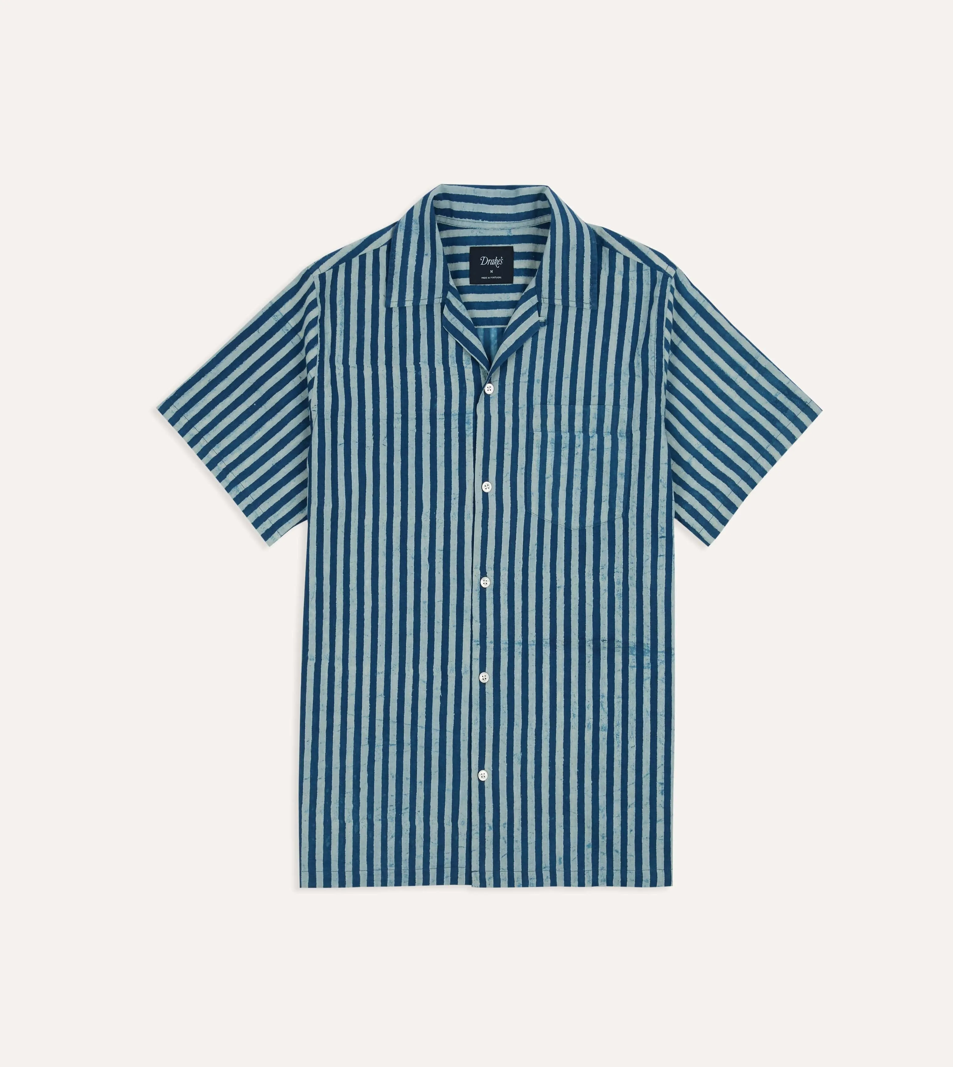 Hidden Placket Indigo Stripe Block Print Cotton Camp Collar Short Sleeve Shirt