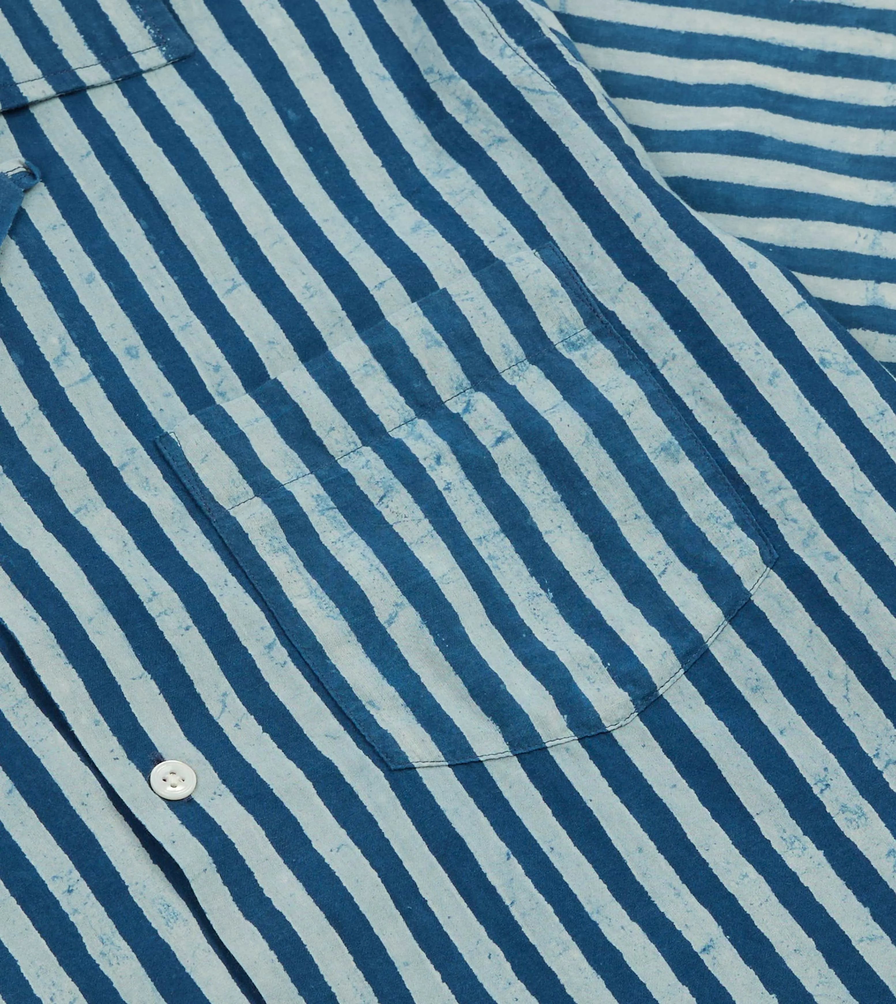 Indigo Stripe Block Print Cotton Camp Collar Short Sleeve Shirt Chic Design