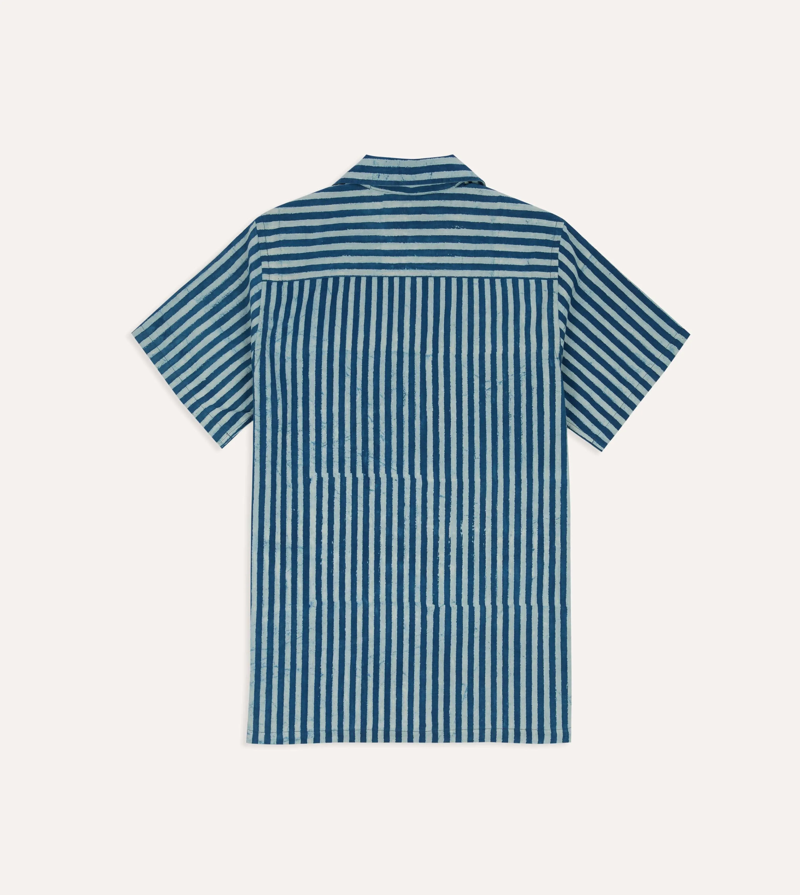 Seasonal Trend Indigo Stripe Block Print Cotton Camp Collar Short Sleeve Shirt