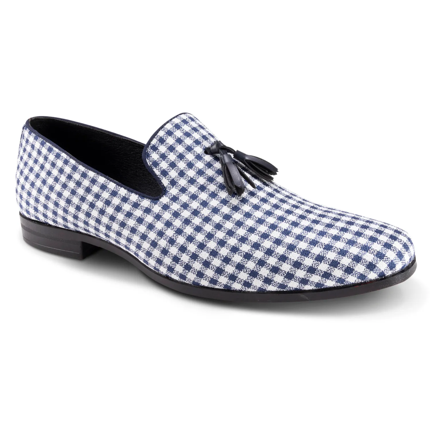 Bright Guard Morning Glow Blotchy Collection: Montique Navy Checkered Tassel Loafer Fashion Shoes S2367