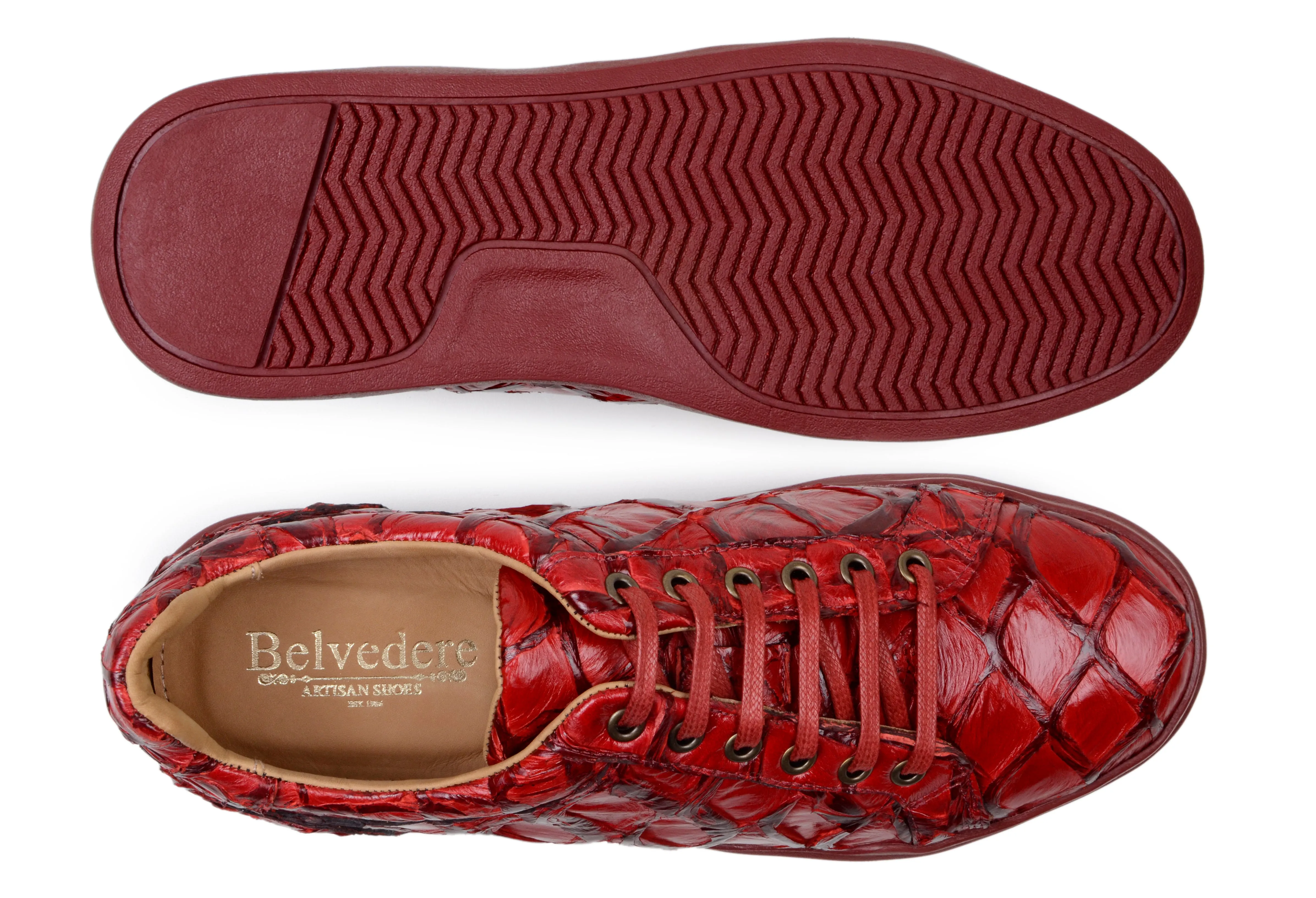 Running Light All Matching Belvedere Kingstone Exotic Genuine Pirarucu Leather Sneakers in Red