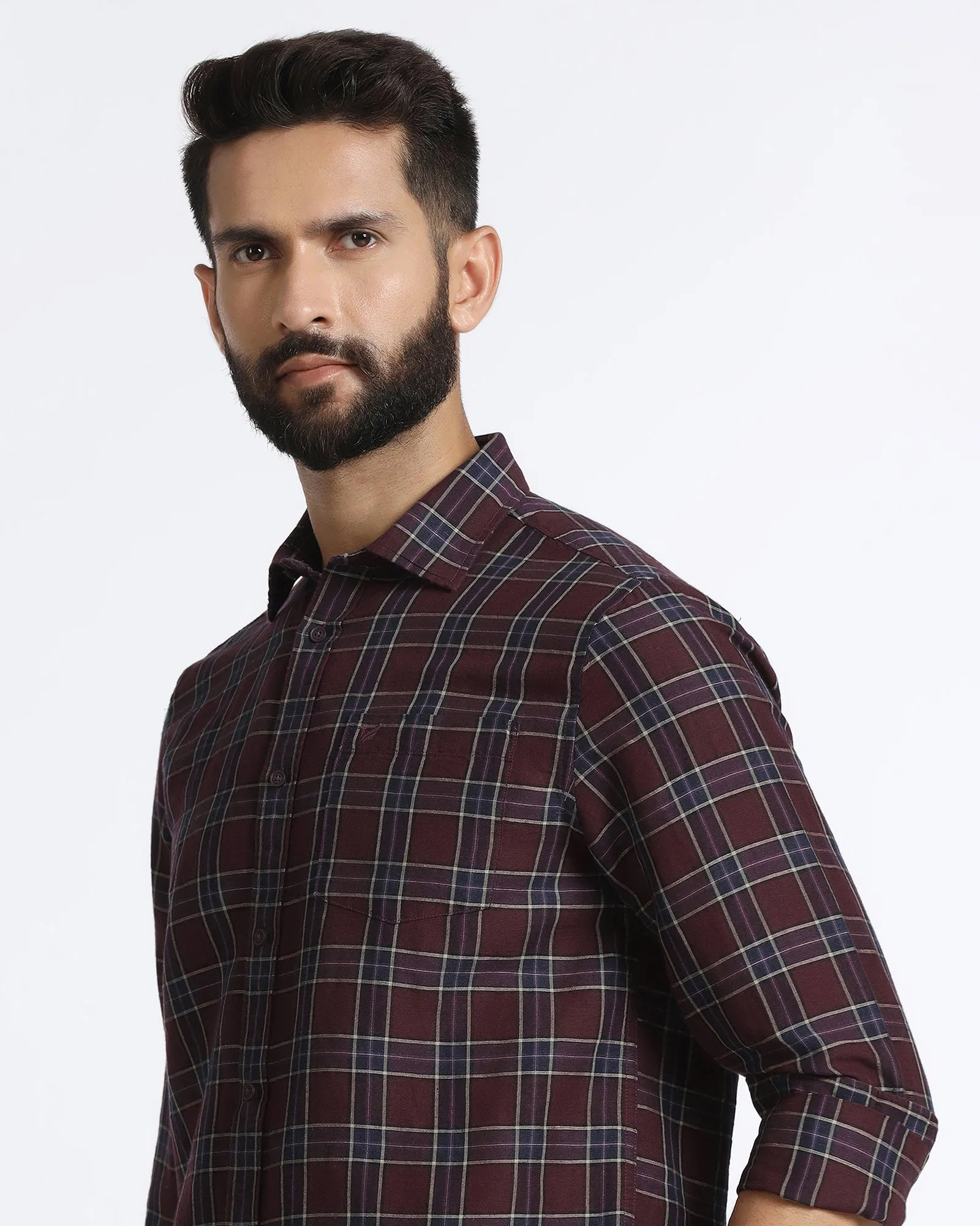 Cherry Lacquer Linen Check Shirt - Madrik high-low hem Stretchable Fabric