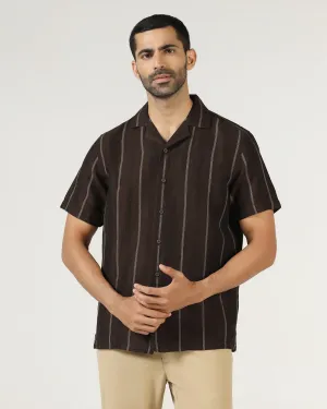 Durable Stitching Chocolate Sauce Half Sleeve Linen Stripe Shirt - Ramiro
