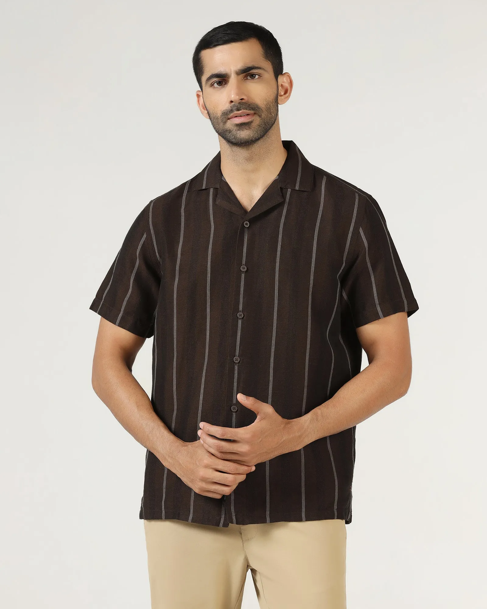Durable Stitching Chocolate Sauce Half Sleeve Linen Stripe Shirt - Ramiro