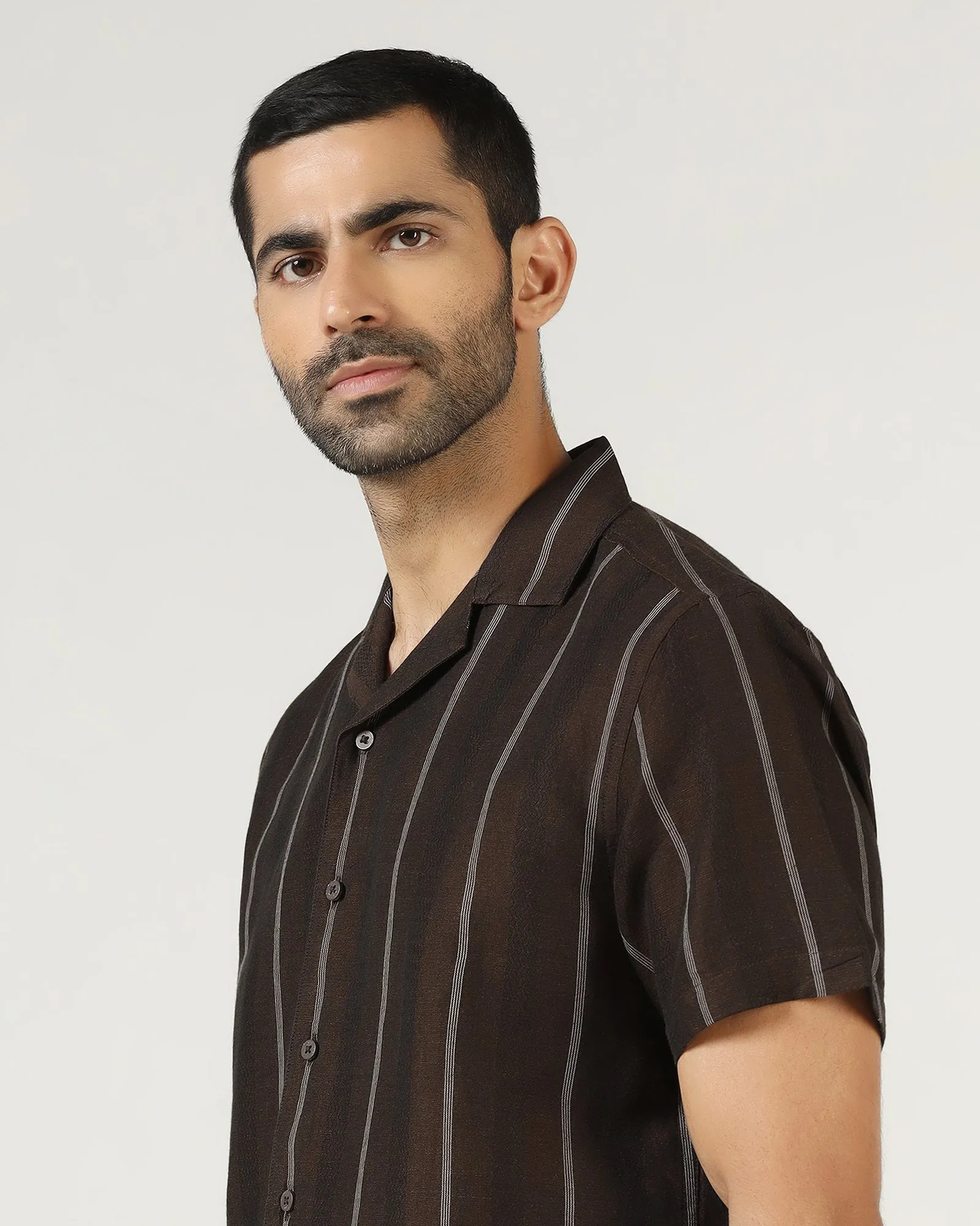 Casual Comfort Sustainable Dye Process Chocolate Sauce Half Sleeve Linen Stripe Shirt - Ramiro