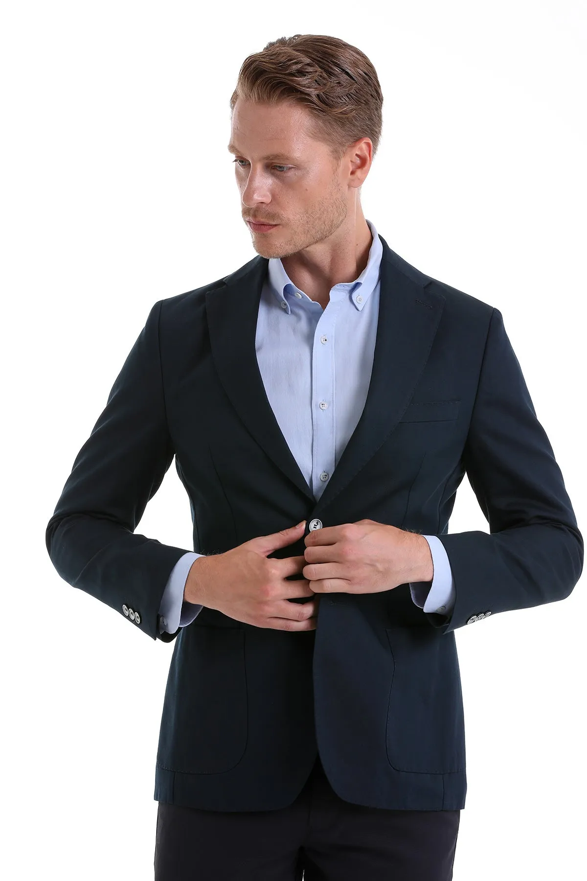 Quilted Lining Slim Fit Notch Lapel Plain Navy Linen Casual Blazer