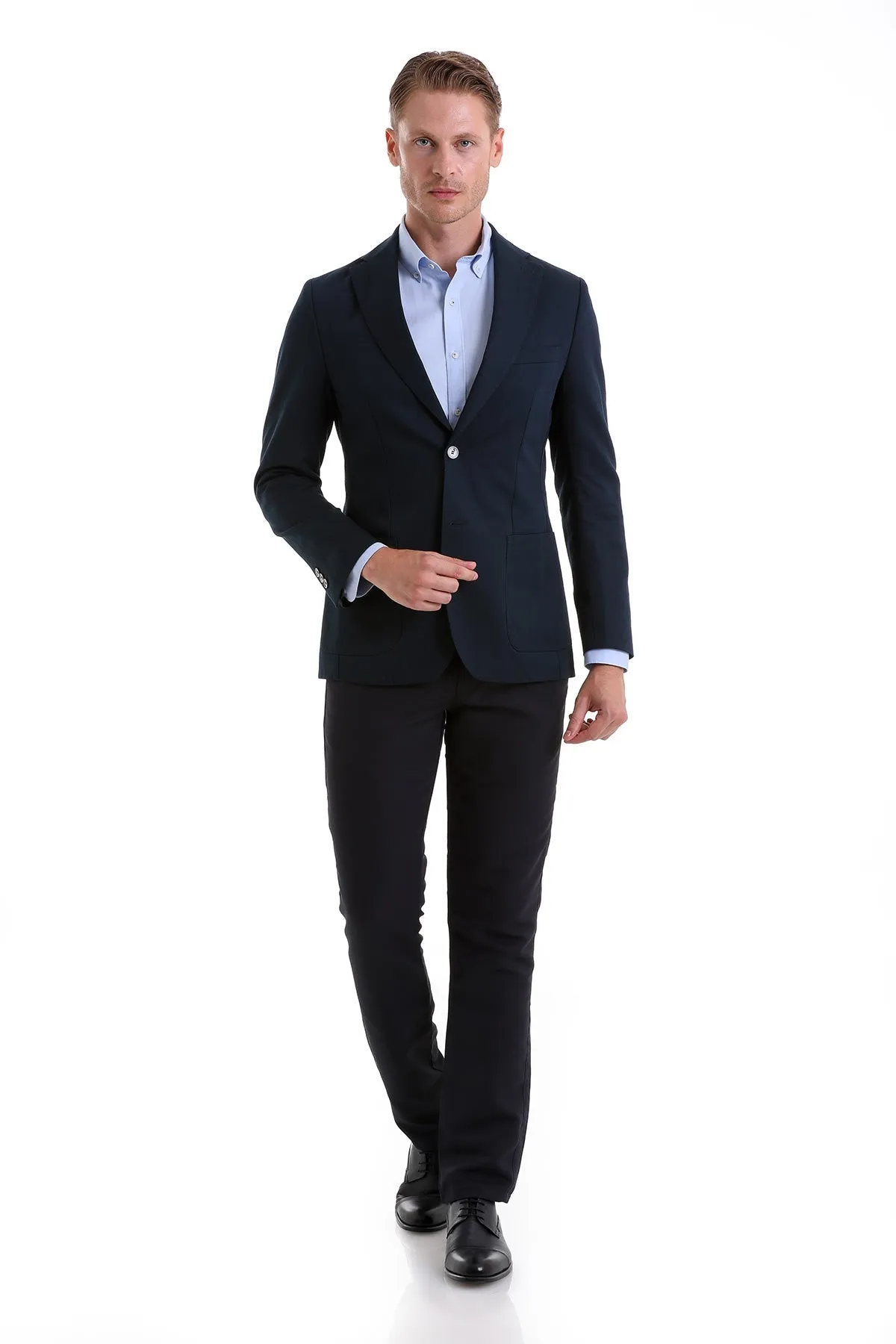 Slim Fit Notch Lapel Plain Navy Linen Casual Blazer Rubberized Trims