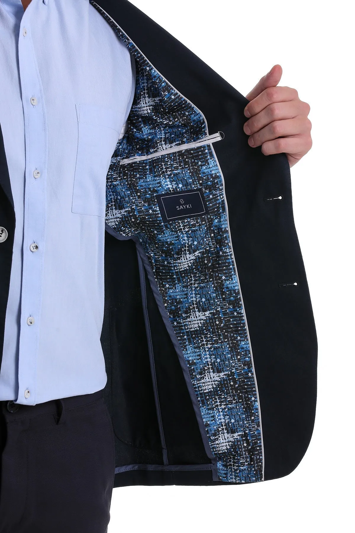 StretchableMaterial Wardrobe Essential Slim Fit Notch Lapel Plain Navy Linen Casual Blazer