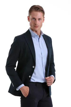 Reversible Dual Layer Slim Fit Notch Lapel Plain Navy Linen Casual Blazer