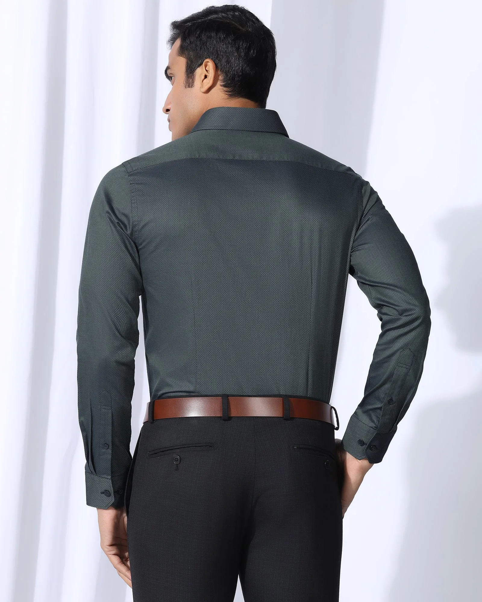 Laser Cut Edge Detail Layered Sleeve Cuffs Formal Bottle Green Textured Shirt - Punch