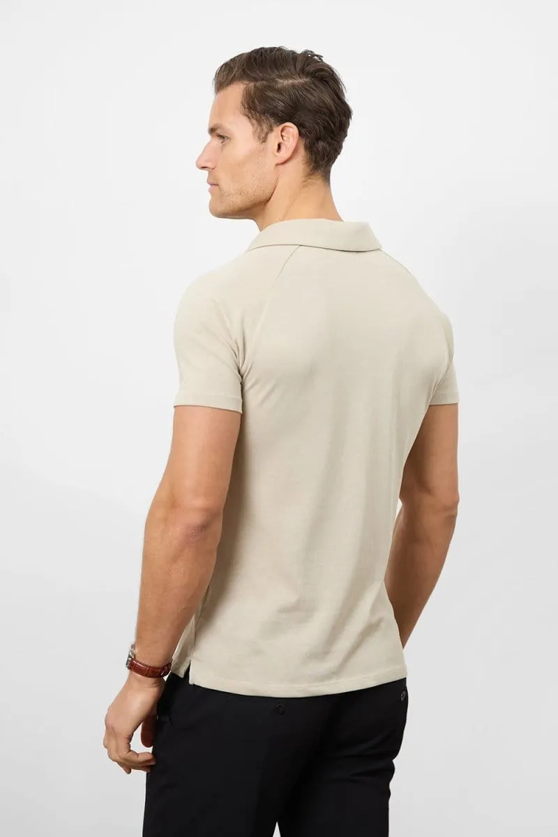 Knit Look Open Collar Polo Shirt in Stone Recycled Polyester Mix