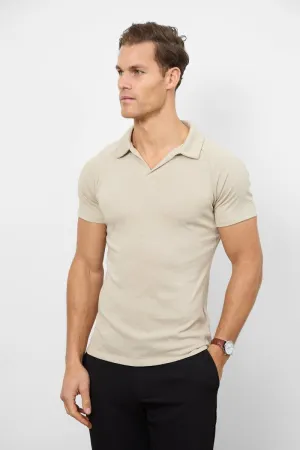 Easy Layer Knit Look Open Collar Polo Shirt in Stone