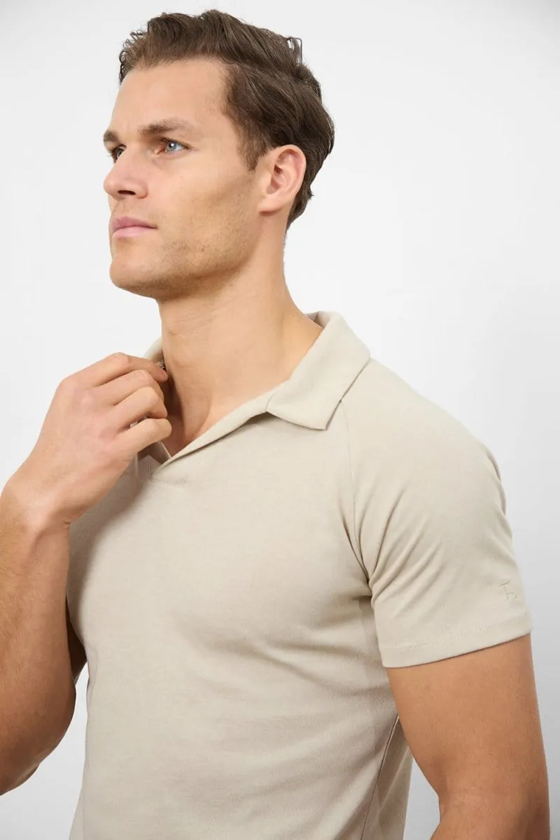 Knit Look Open Collar Polo Shirt in Stone Thermoregulating Fabric Sustainable Production Certification