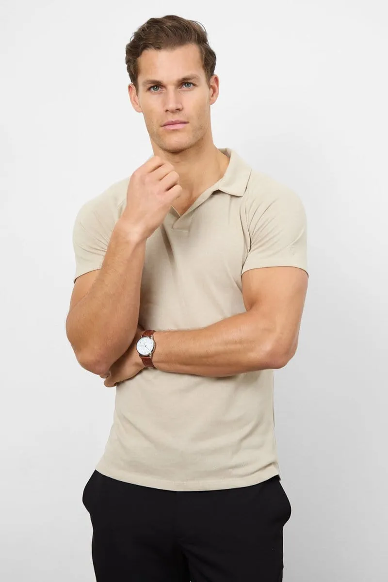 Knit Look Open Collar Polo Shirt in Stone Cool Fit Sweat Resistant Lining