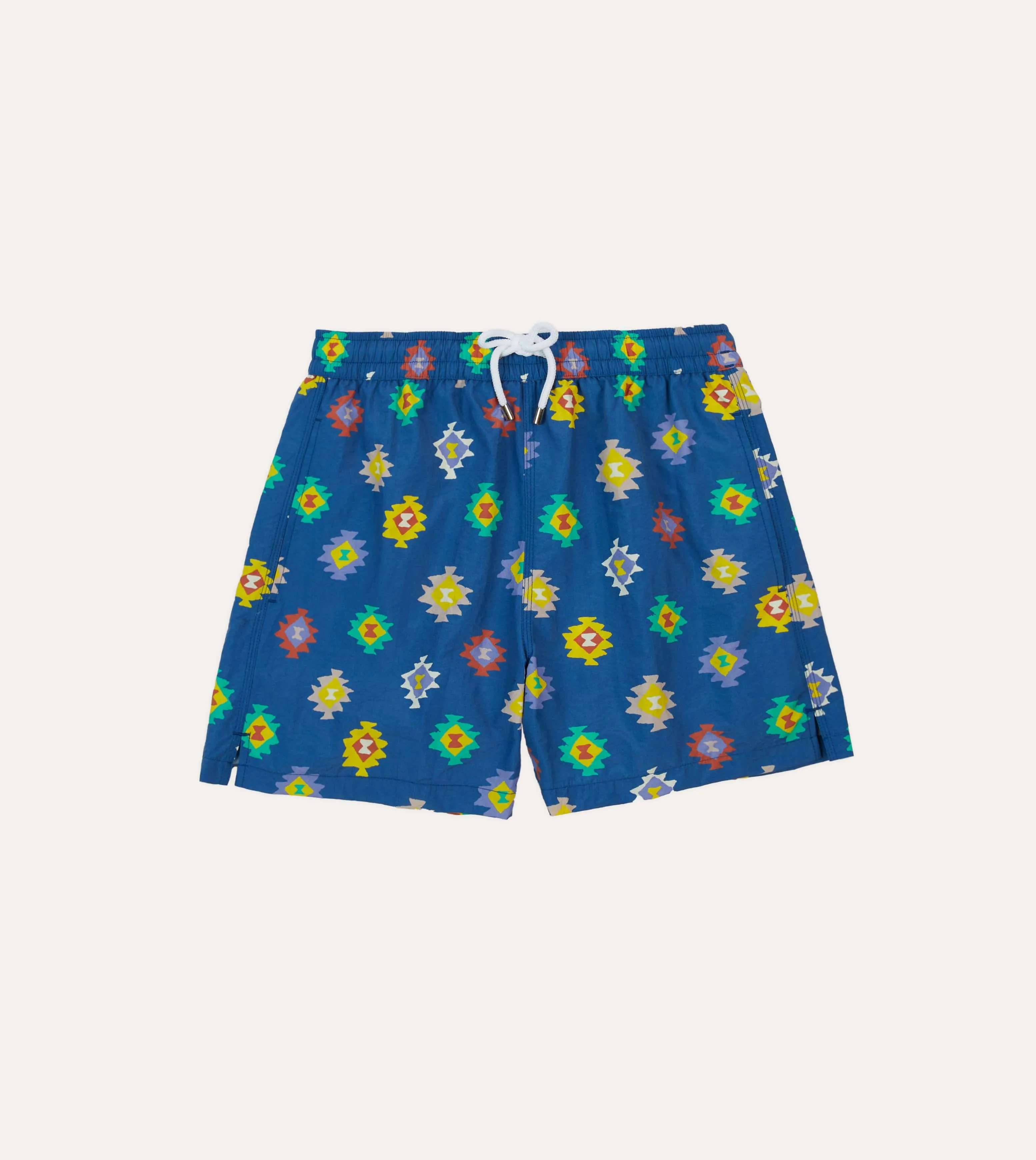Blue Kilim Print Nylon Drawstring Swim Shorts Lightweight Design