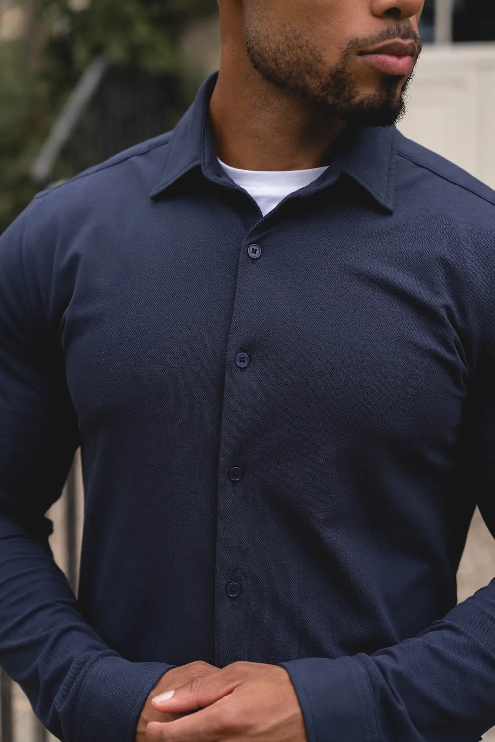 Textured Jersey Shirt in Navy Contemporary Design High Street Fashion