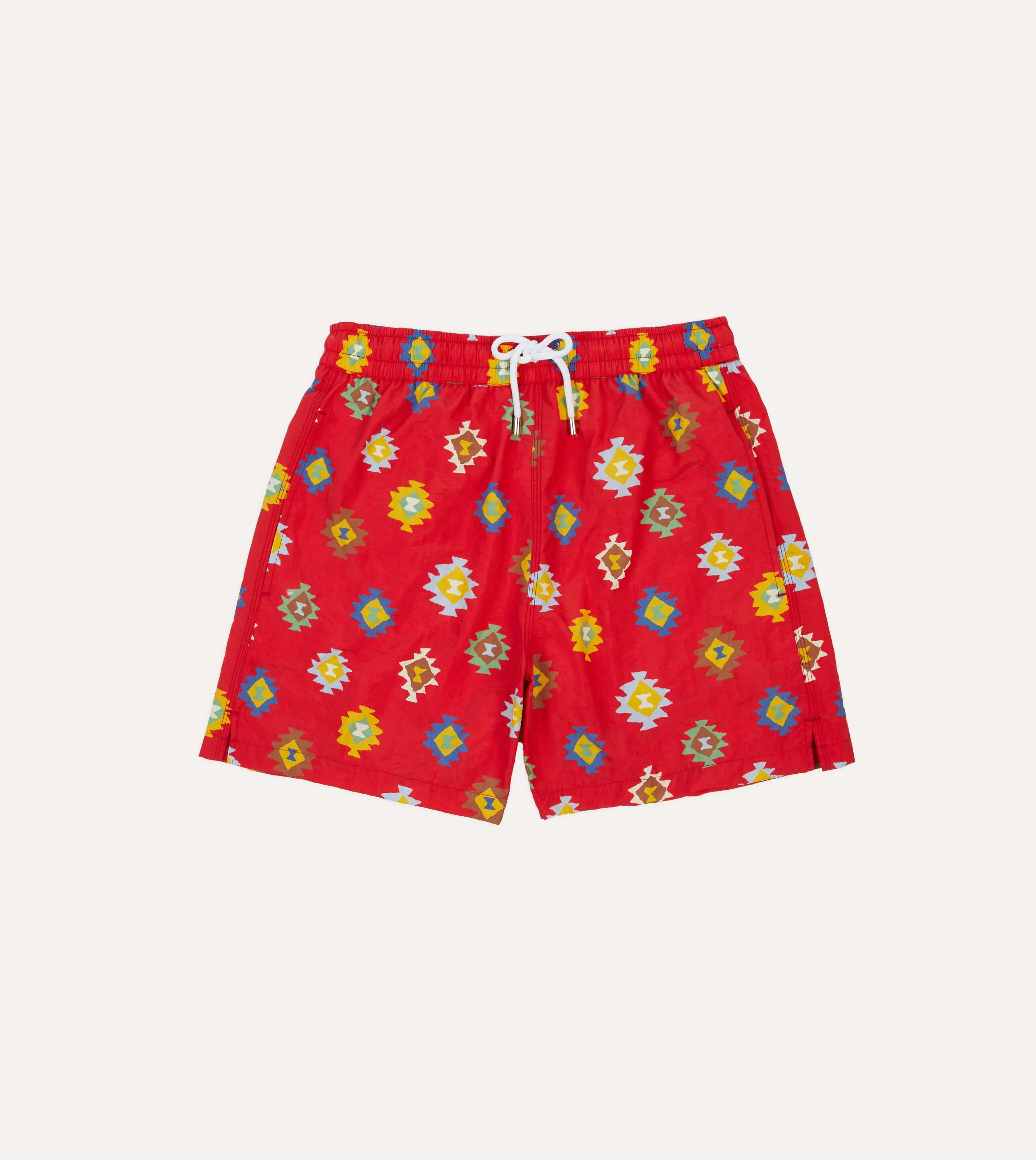 Versatile Wear Red Kilim Print Nylon Drawstring Swim Shorts