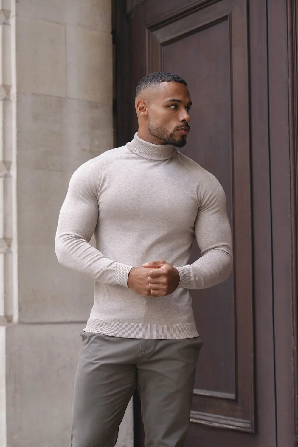 clean look Cotton Blend Roll Neck Sweater in Neutral Marl