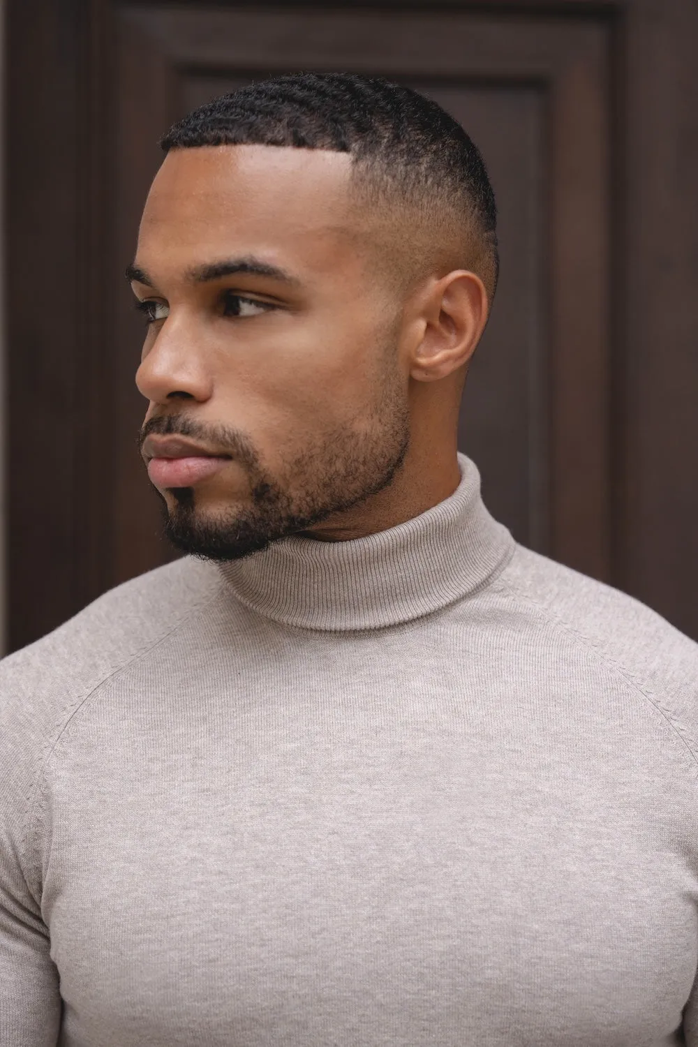 Cotton Blend Roll Neck Sweater in Neutral Marl Comfortable Shoes SheerLayeredPanels