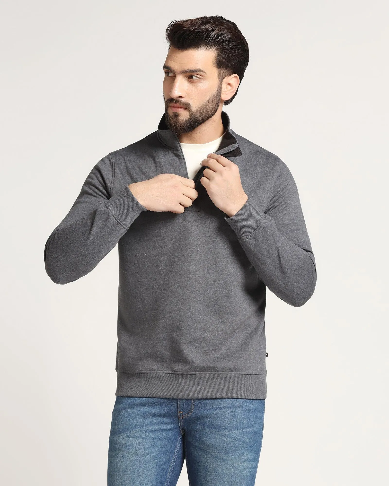 High Neck Grey Melange Solid Sweatshirt - Pipper CompactKnit