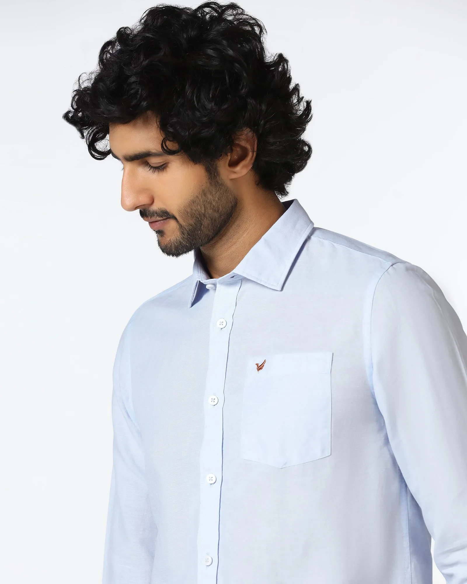 No Bulk Layering System Sky Blue Linen Solid Shirt - Salmon