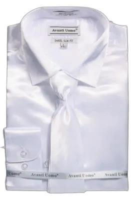 Rugged Style Shimmer Effect AVANTI UOMO SATIN SLIM FIT W/ TIE DNS06 WHITE