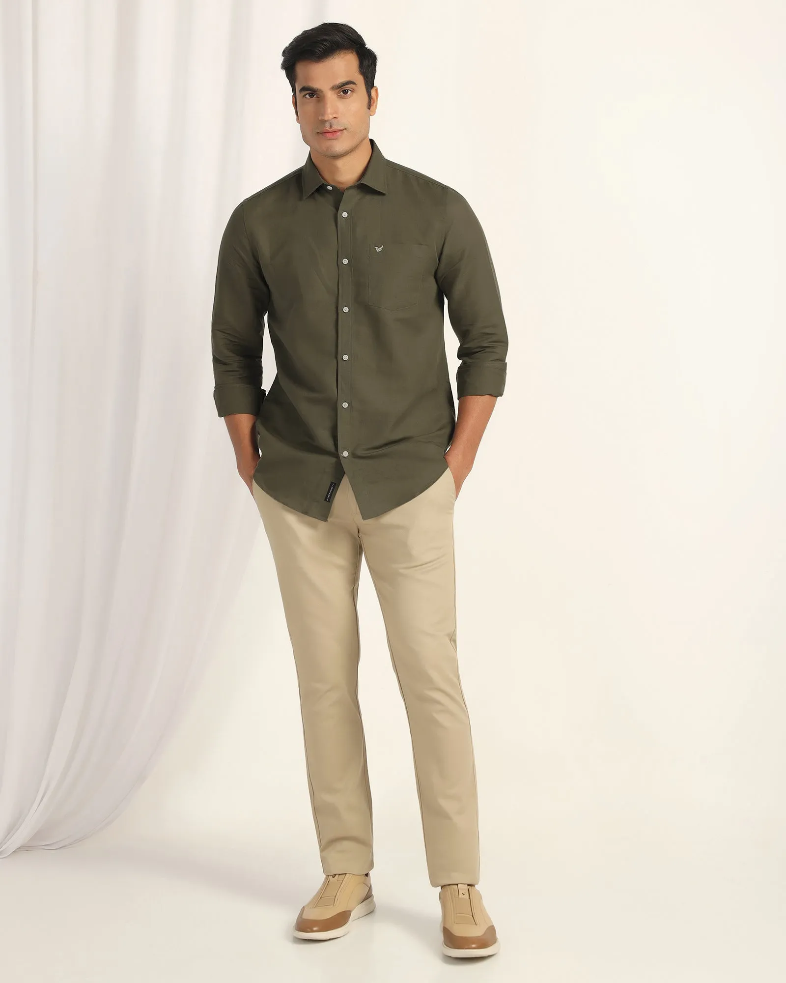Linen Casual Olive Solid Shirt - Salmon Nautical Look Layered Sleeve Cuffs