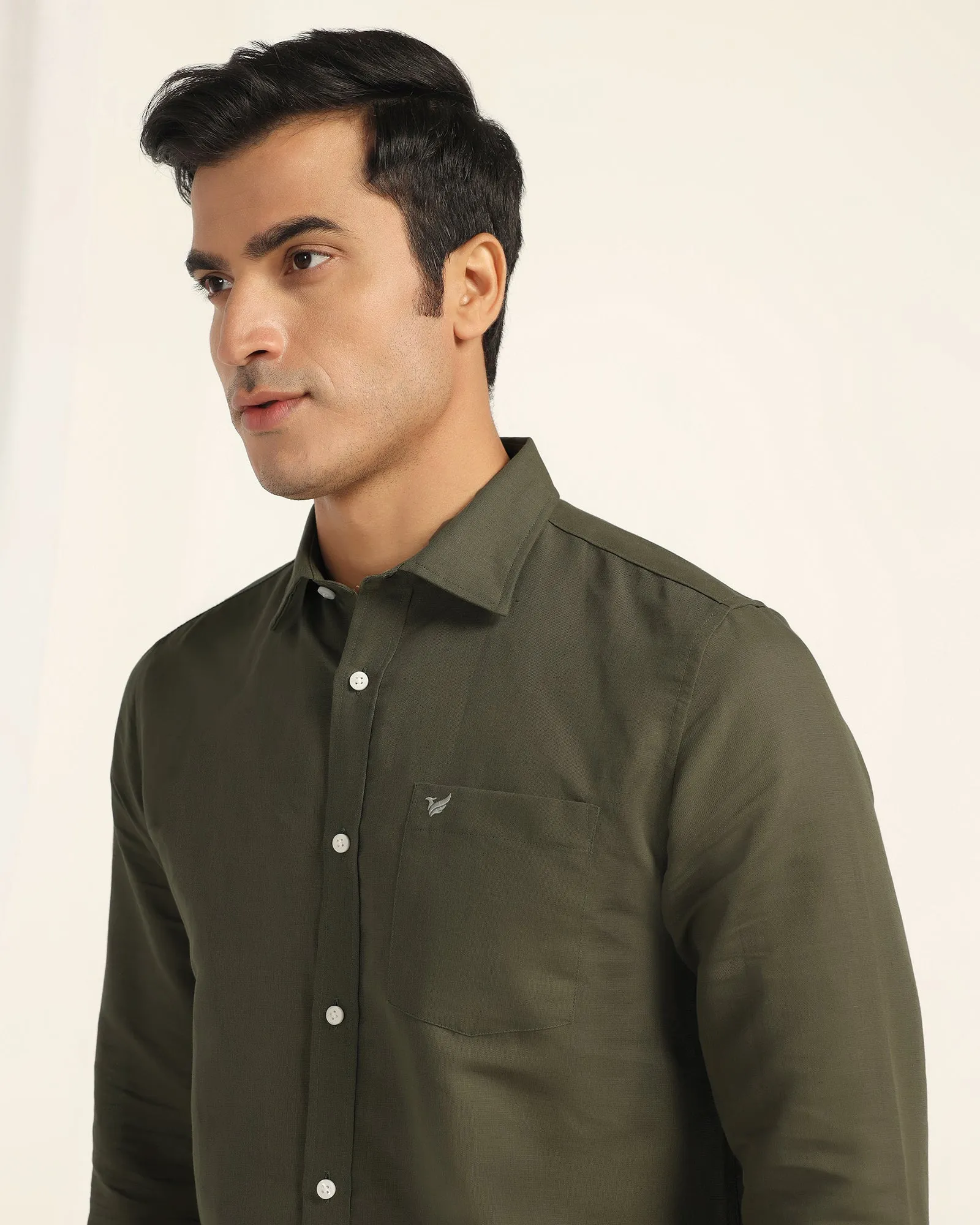 Linen Casual Olive Solid Shirt - Salmon Hooded Neckline