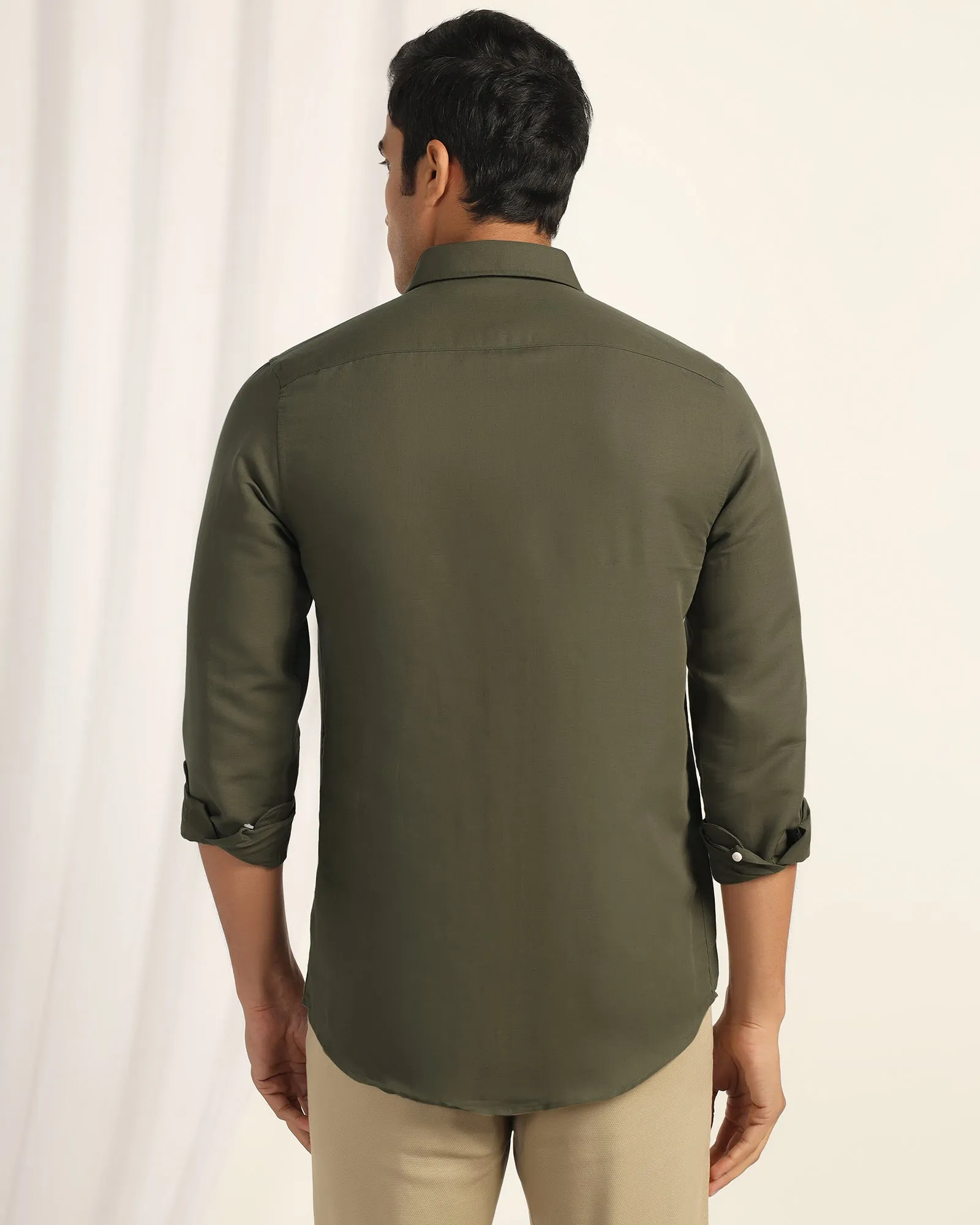 Linen Casual Olive Solid Shirt - Salmon Exclusive Collection Affordable Luxury