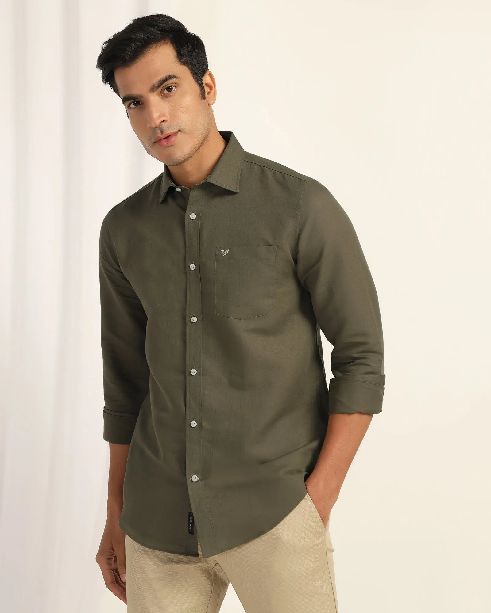 Linen Casual Olive Solid Shirt - Salmon Eco Friendly Material Multi Functional Pockets