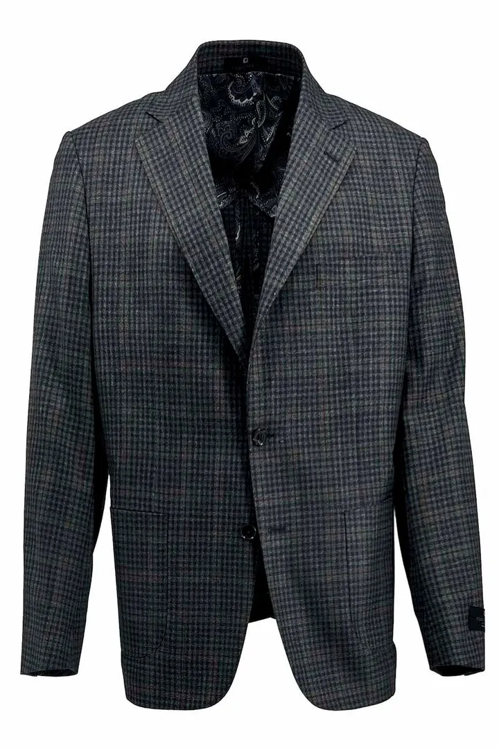 Tiglio Luxe Gray with Brown Windowpane and Mini Check Dolcetto/THP Modern Fit Half Lined, Pure Wool Jacket TL3328 Knee Length