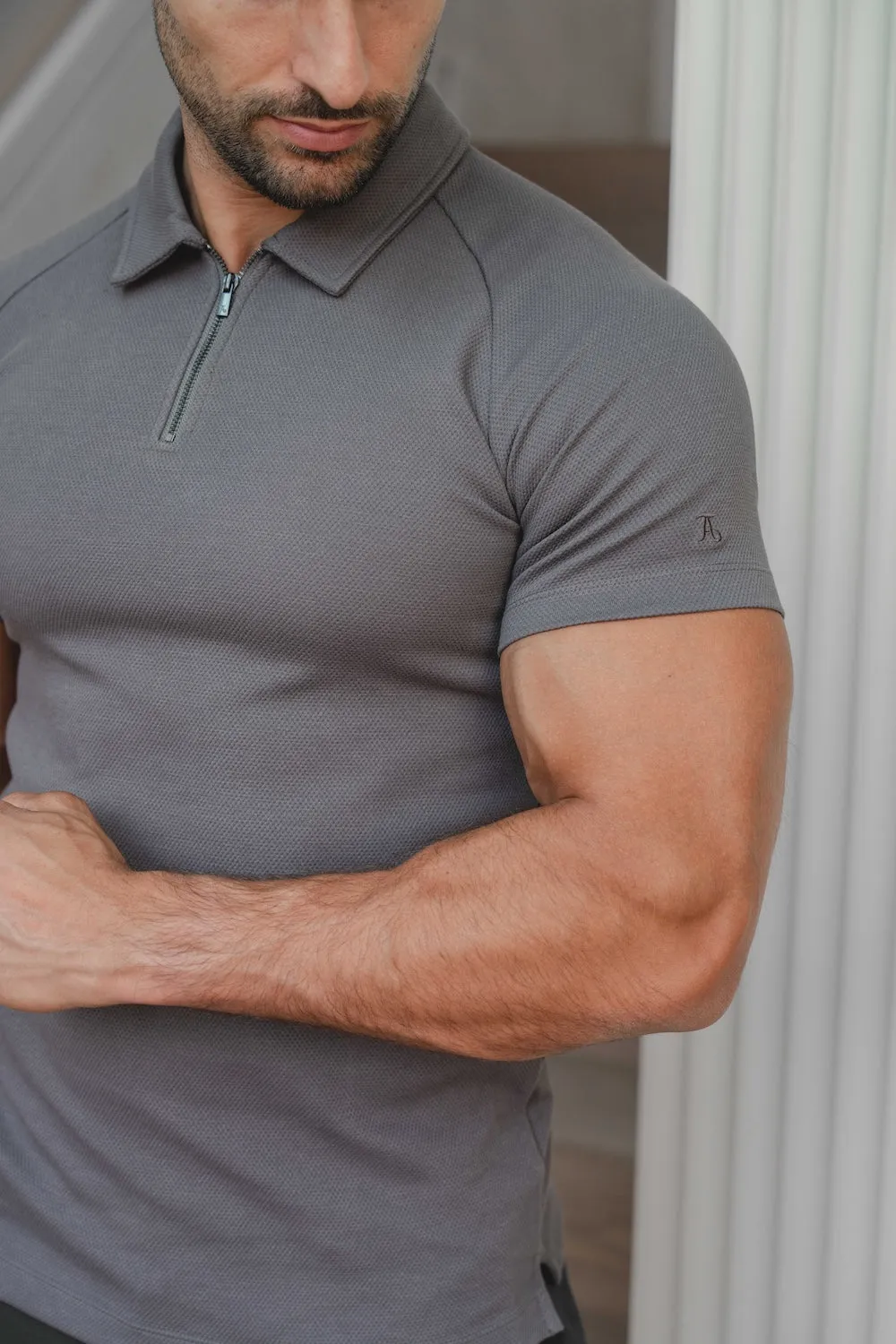 Reinforced Shoulders Zip Neck Polo Shirt in Graphite