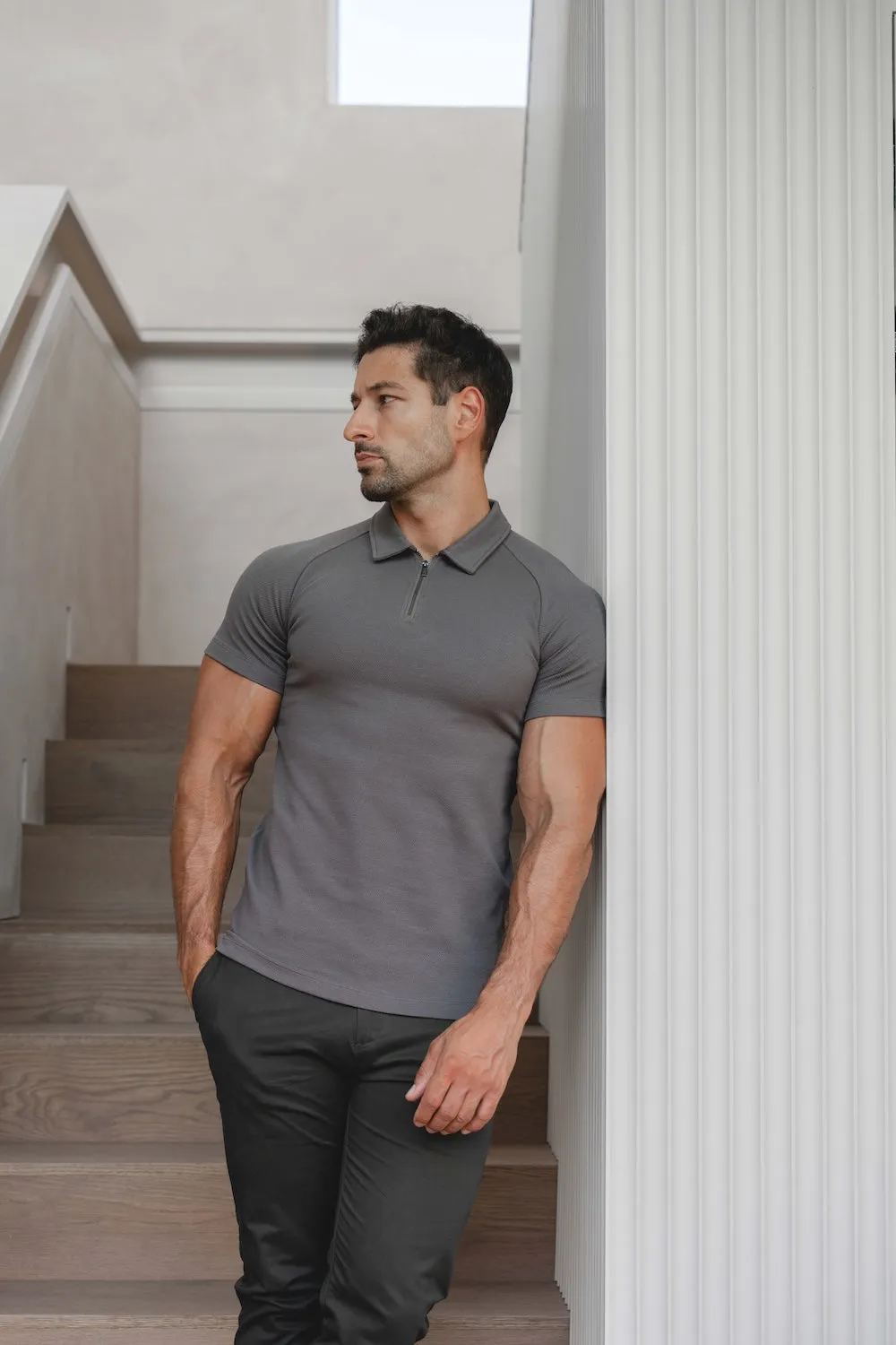 Zip Neck Polo Shirt in Graphite Stylish Collar