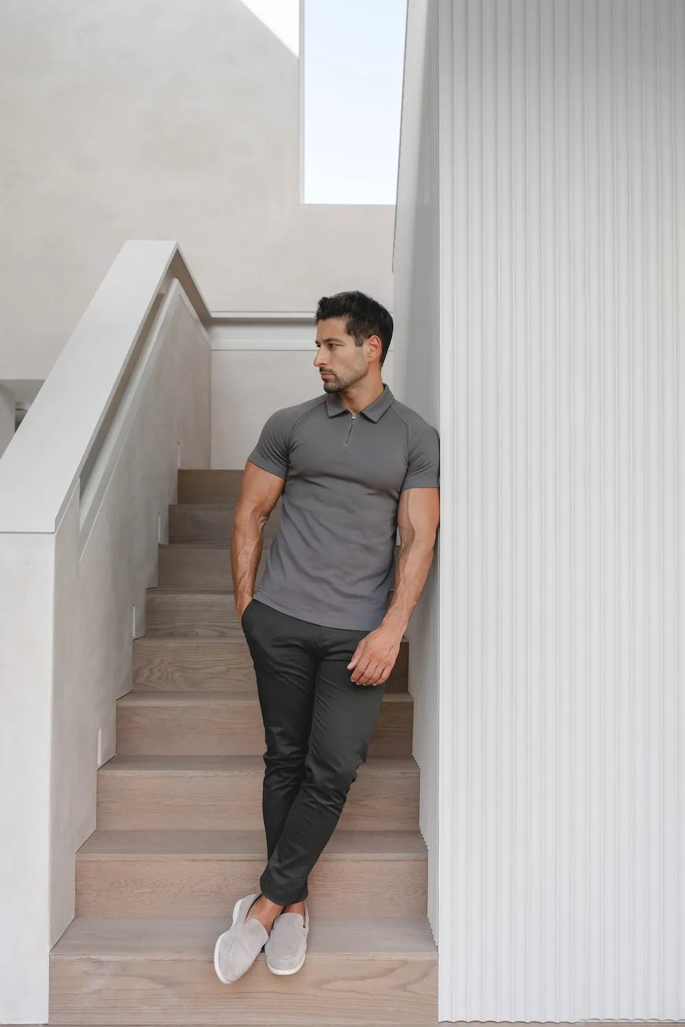 Zip Neck Polo Shirt in Graphite Elegant Top Quick-Dry Fabric