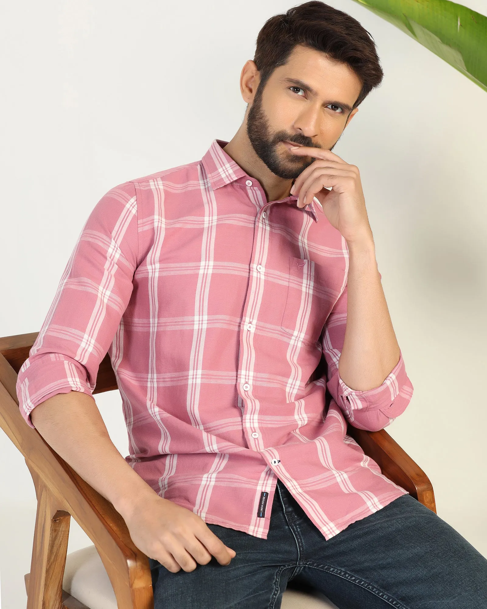 Linen Casual Pink Check Shirt - Yori Cuffed hem