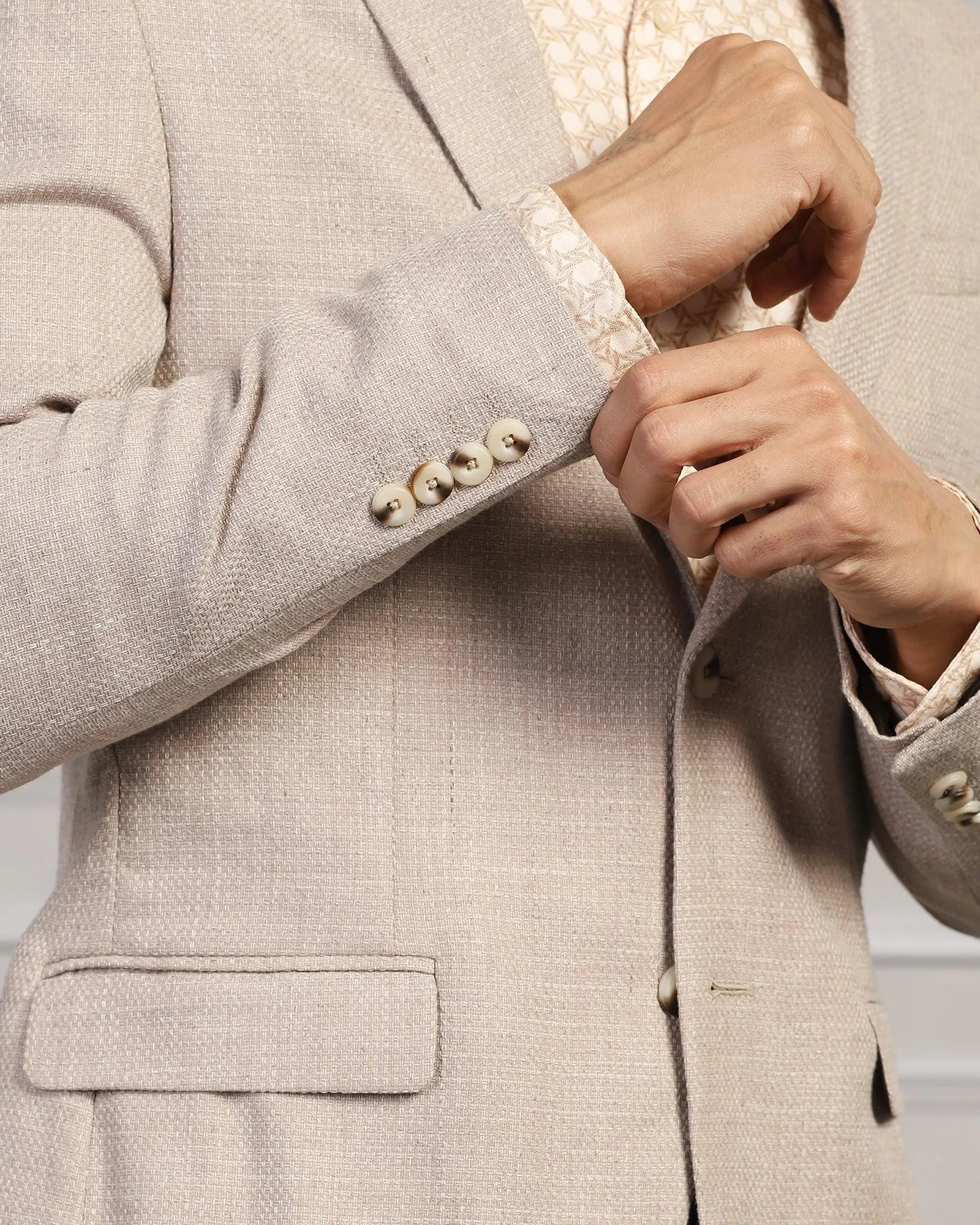 Casual Beige Textured Blazer - Astin Fire Retardant Treated Fabric FadeResistant Print