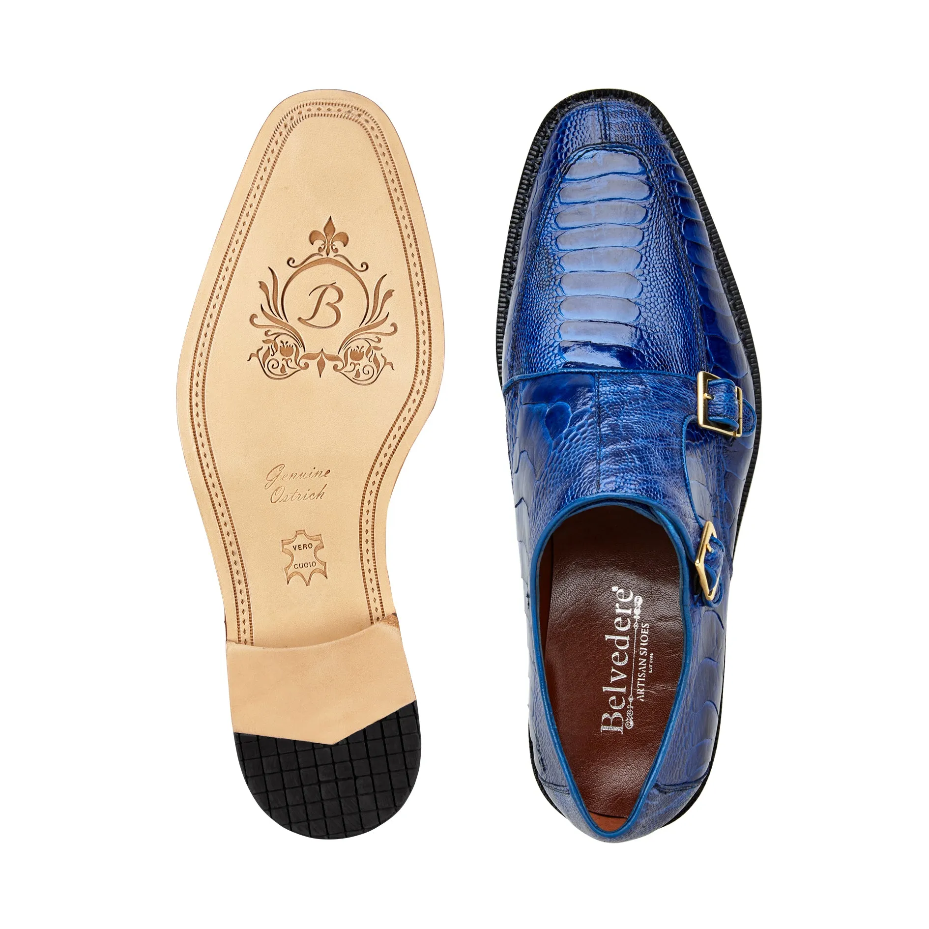 Belvedere - Valiente - Genuine Ostrich Double Monk Strap Dress Shoe - Ant. Ocean - 02442  (IN STORE) Walking Arch Care