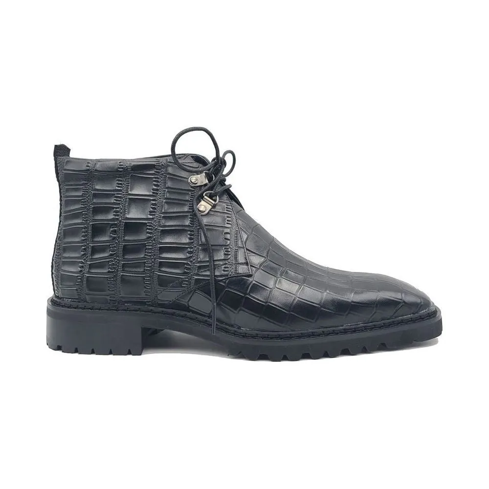 Carrucci Alligator Embossed Black Leather Chukka Boot Multi Surface