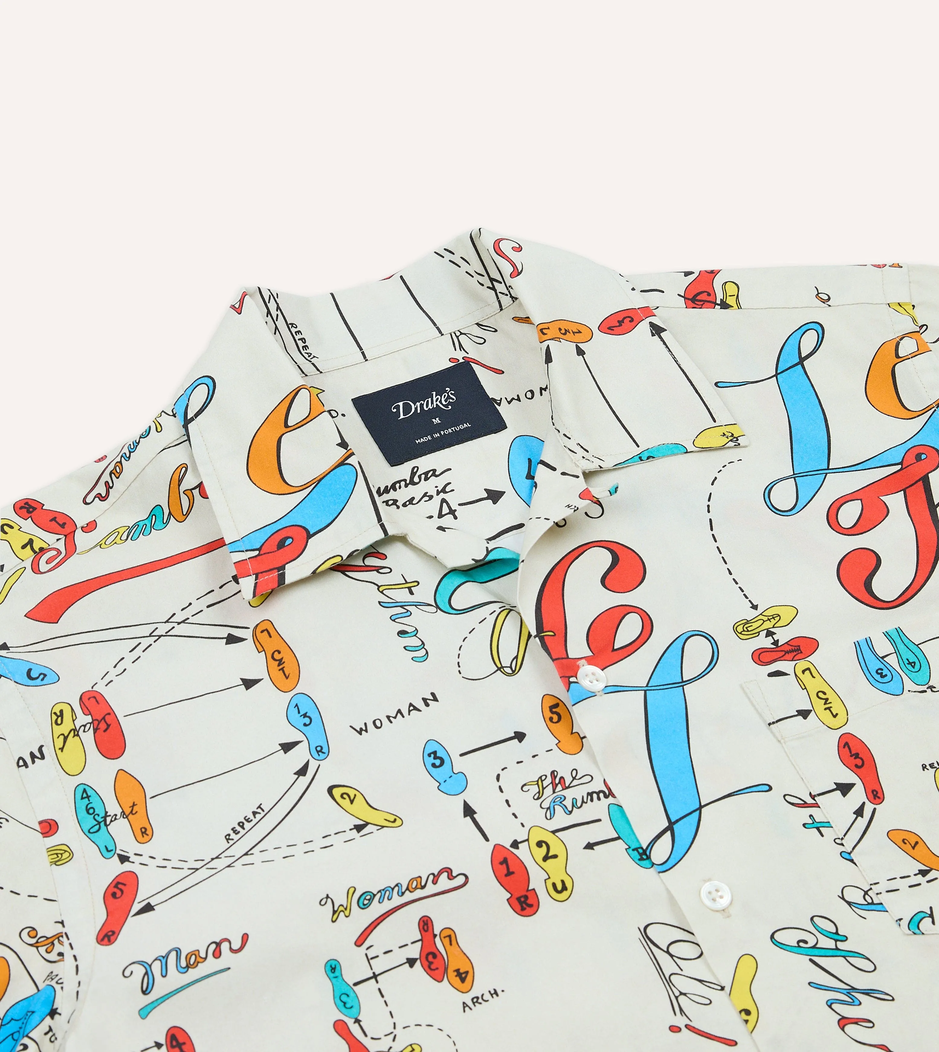 Dance Steps Print Cotton Camp Collar Short Sleeve Shirt Two Tone Stitching Functional Wear