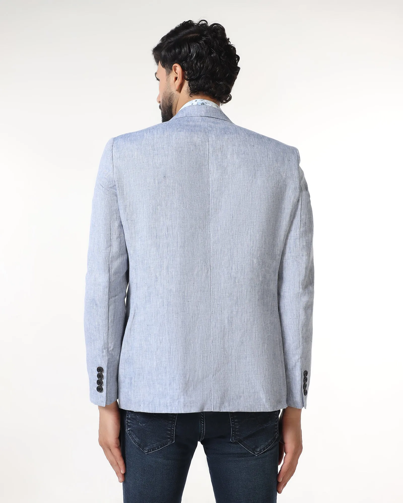 RibbedTrims RecycledPolyester Blue Solid Blazer - Fiero