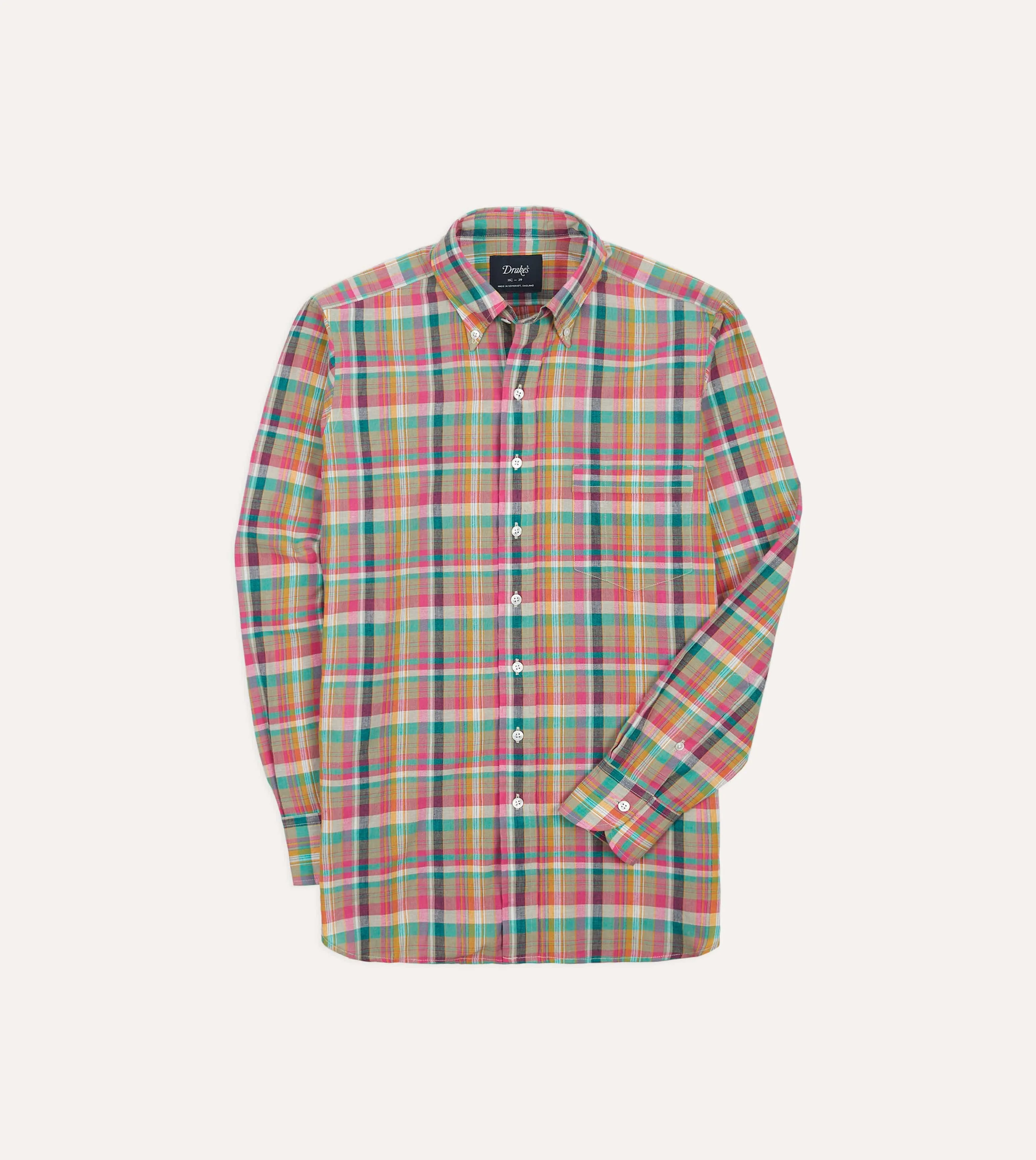 Sustainable Manufacturing Process Abstract print Pink and Green Madras Check Cotton Button-Down Shirt