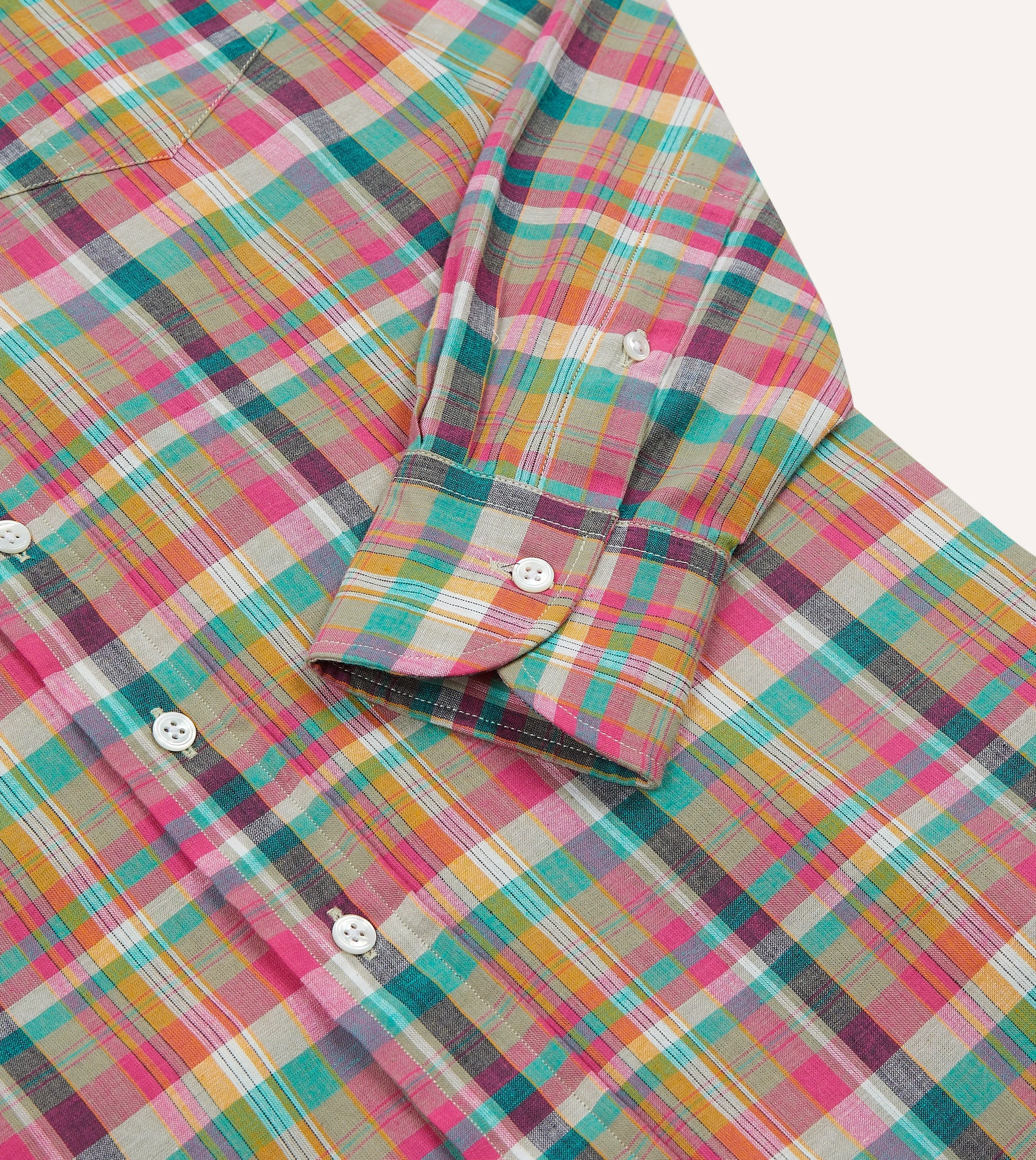 Pink and Green Madras Check Cotton Button-Down Shirt Anti Pilling Finish Embroidered Logo