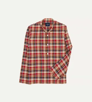 Brown, Navy and Red Madras Check Cotton Mandarin Collar Popover Shirt Short Sleeve Classic Appeal