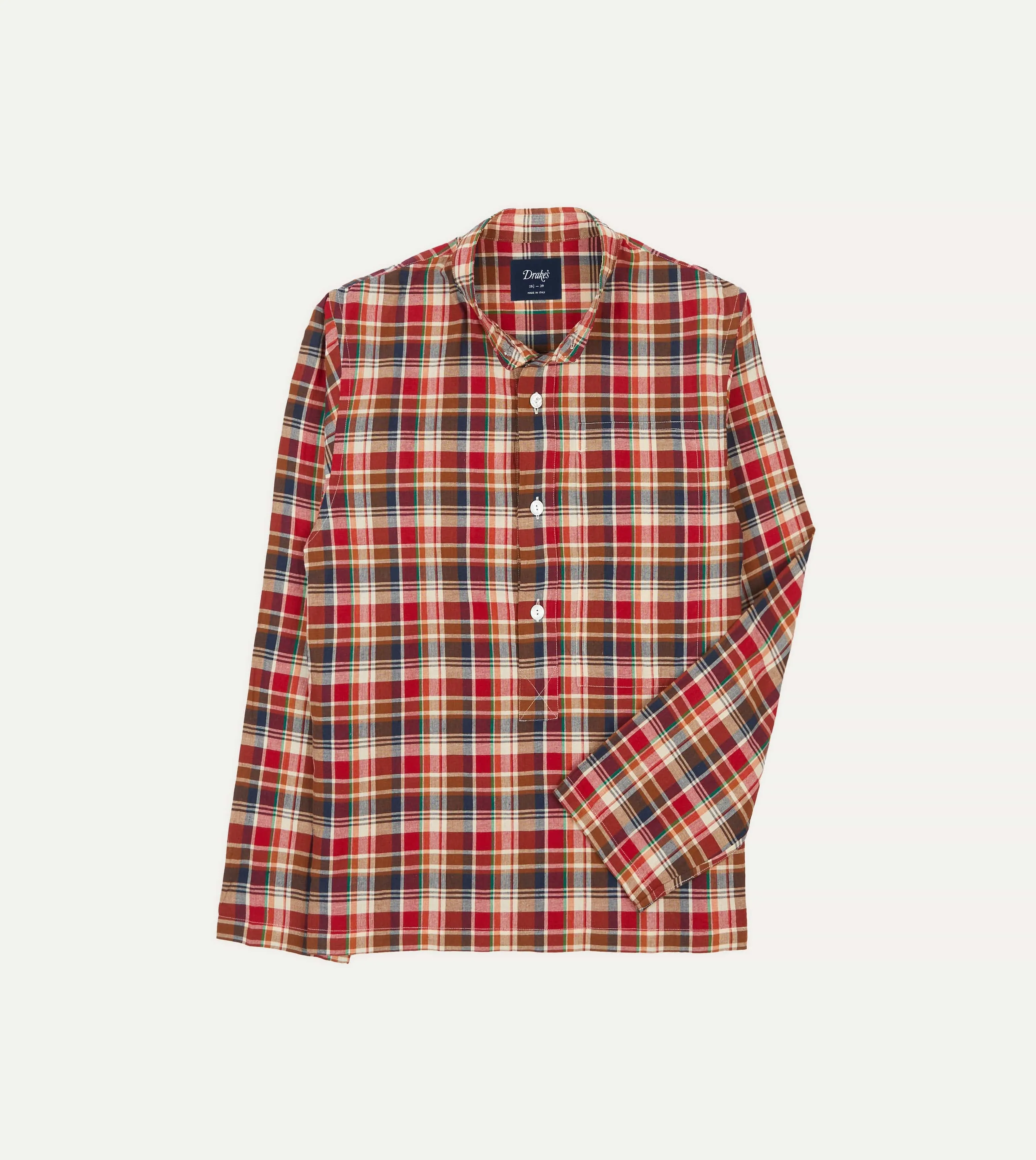 Brown, Navy and Red Madras Check Cotton Mandarin Collar Popover Shirt Short Sleeve Classic Appeal