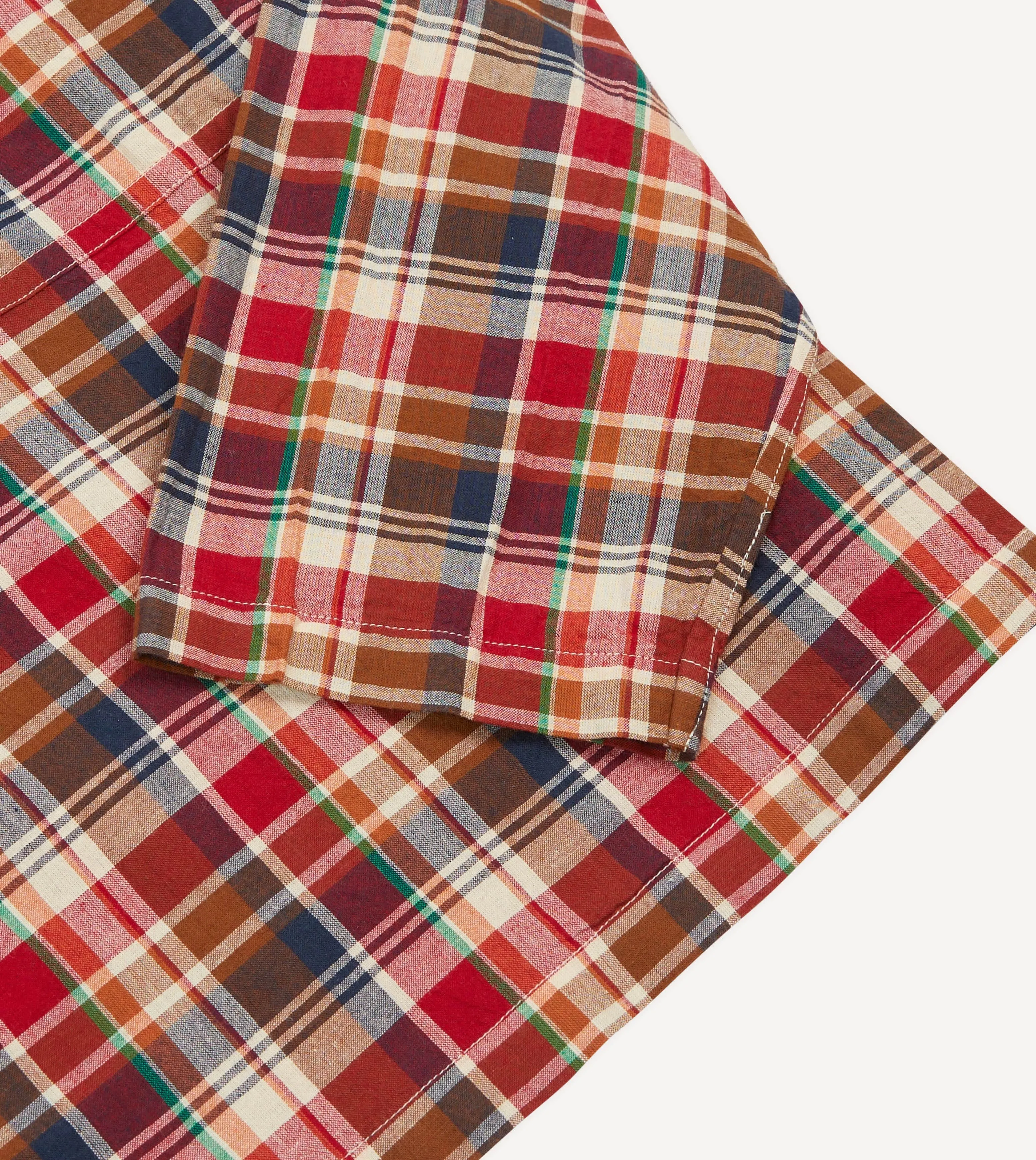 Brown, Navy and Red Madras Check Cotton Mandarin Collar Popover Shirt Patterned Texture