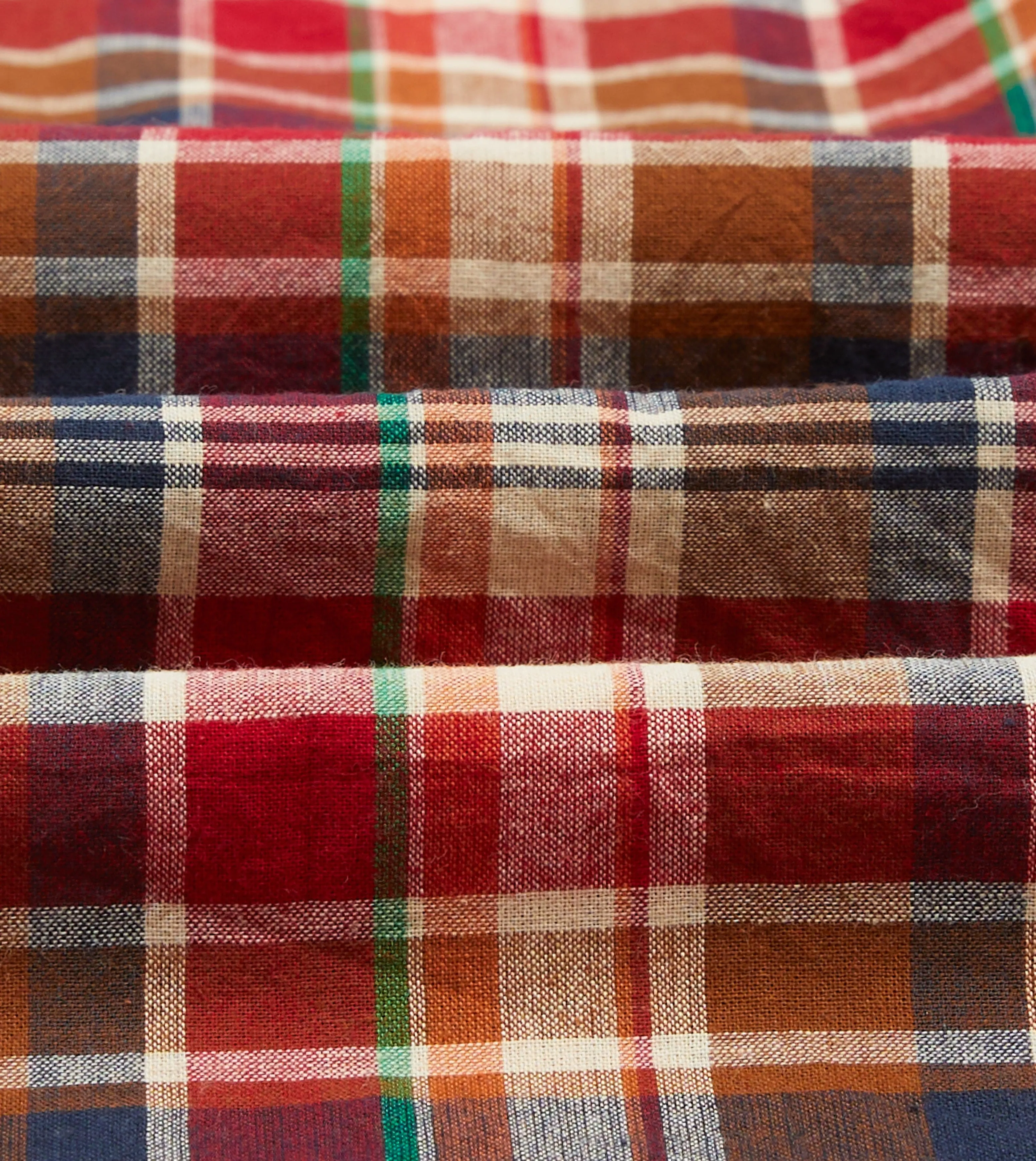 Brown, Navy and Red Madras Check Cotton Mandarin Collar Popover Shirt Road Trip Ready