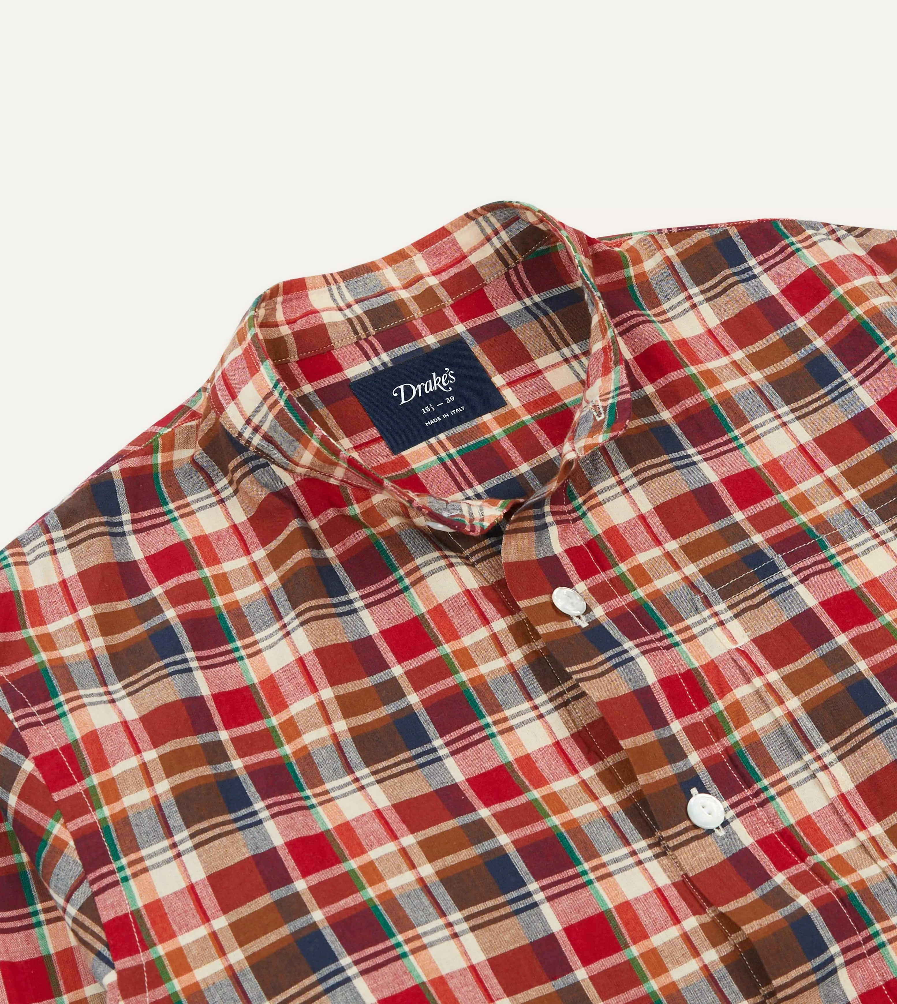 Cooling Mesh Lining Brown, Navy and Red Madras Check Cotton Mandarin Collar Popover Shirt