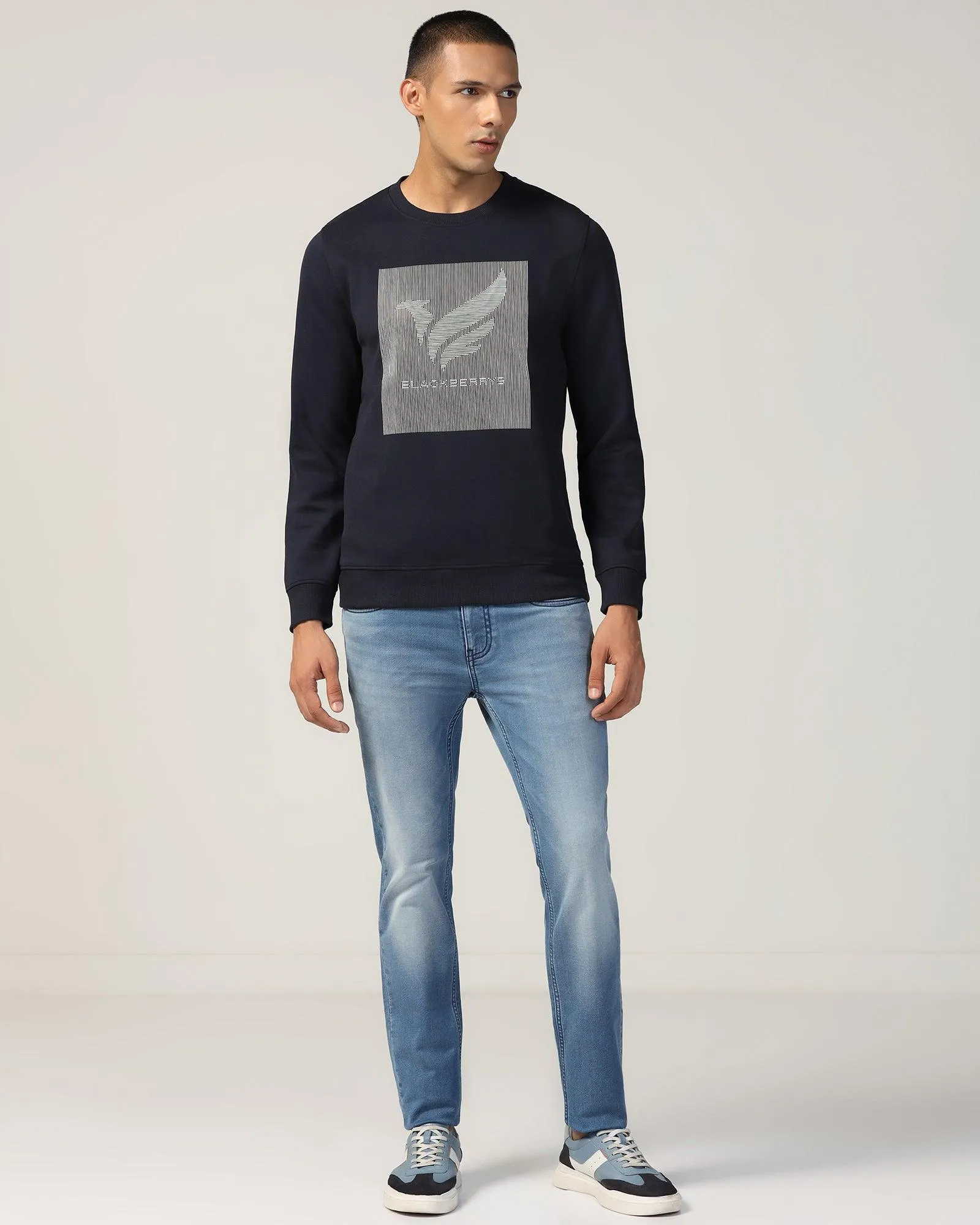 Practical Style Crew Neck Navy Solid Sweatshirt - Stroke